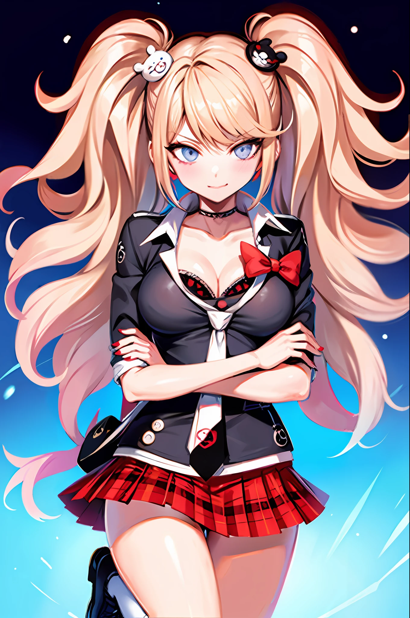 junko enoshima, blonde long hair, 1girl, twintails, solo, breasts, blue eyes, cleavage, collarbone, large breasts, bangs, blush, closed mouth, smirk, looking at viewer, upper body, bear hair ornament, nail polish, red nails, red bow, black shirt, underwear, choker, black bra, sleeves rolled up, white necktie, pleated plaid red skirt, school uniform, black cross-laced knee boots, shiny, shiny hair, botw style,