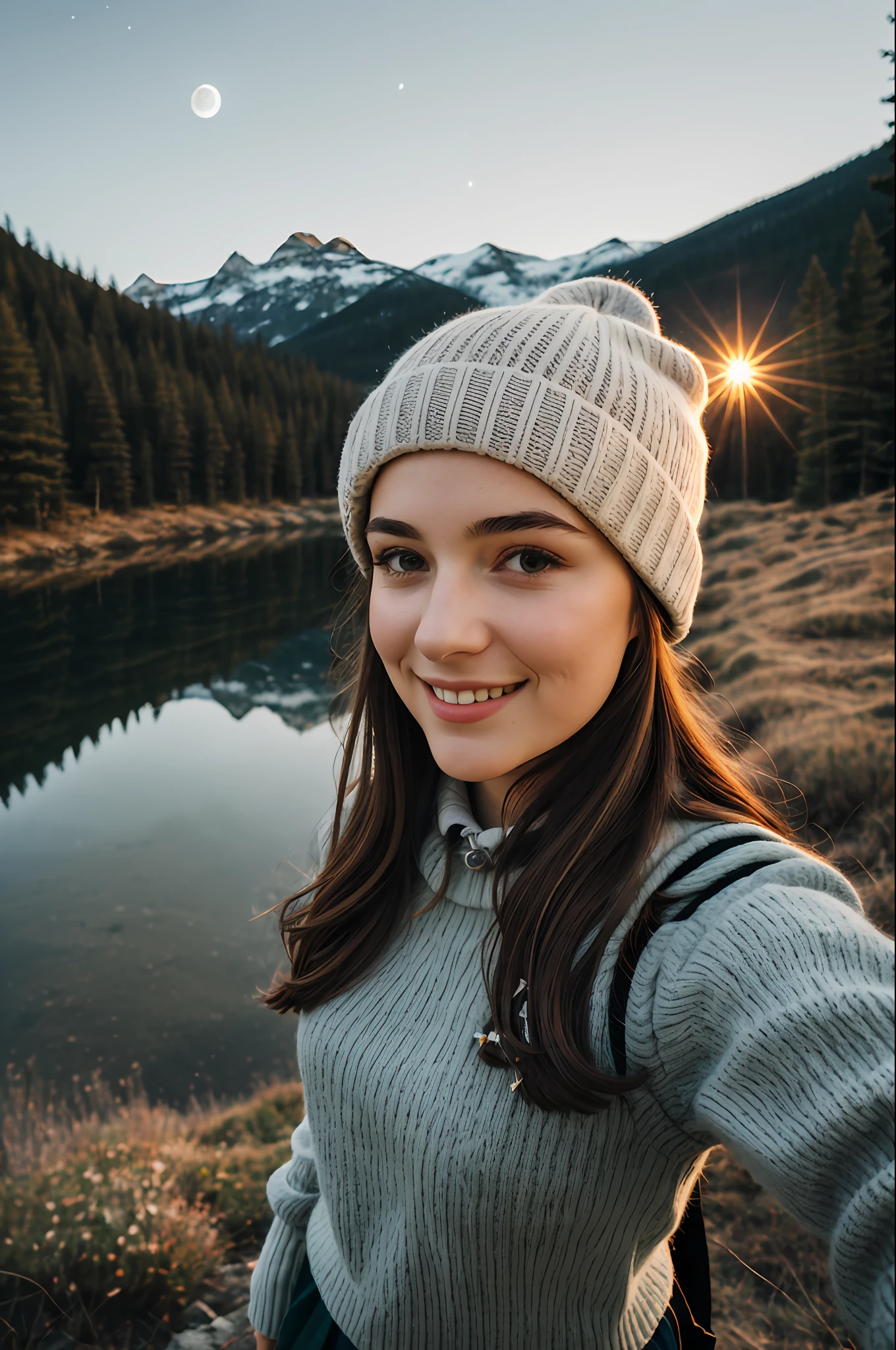 1 girl ((selfie of upper body, happy)), masterpiece, top quality, super detail, ground, outdoor, (night), mountain, nature, (stars, moon) cheerful, happy, backpack, bag sleeping, camping stove, water bottle, mountain boots, gloves, sweater, hat, lantern, forest, stone, river, wood, smoke, shadow, contrast, clear sky, style, (warm shades, warm tones)