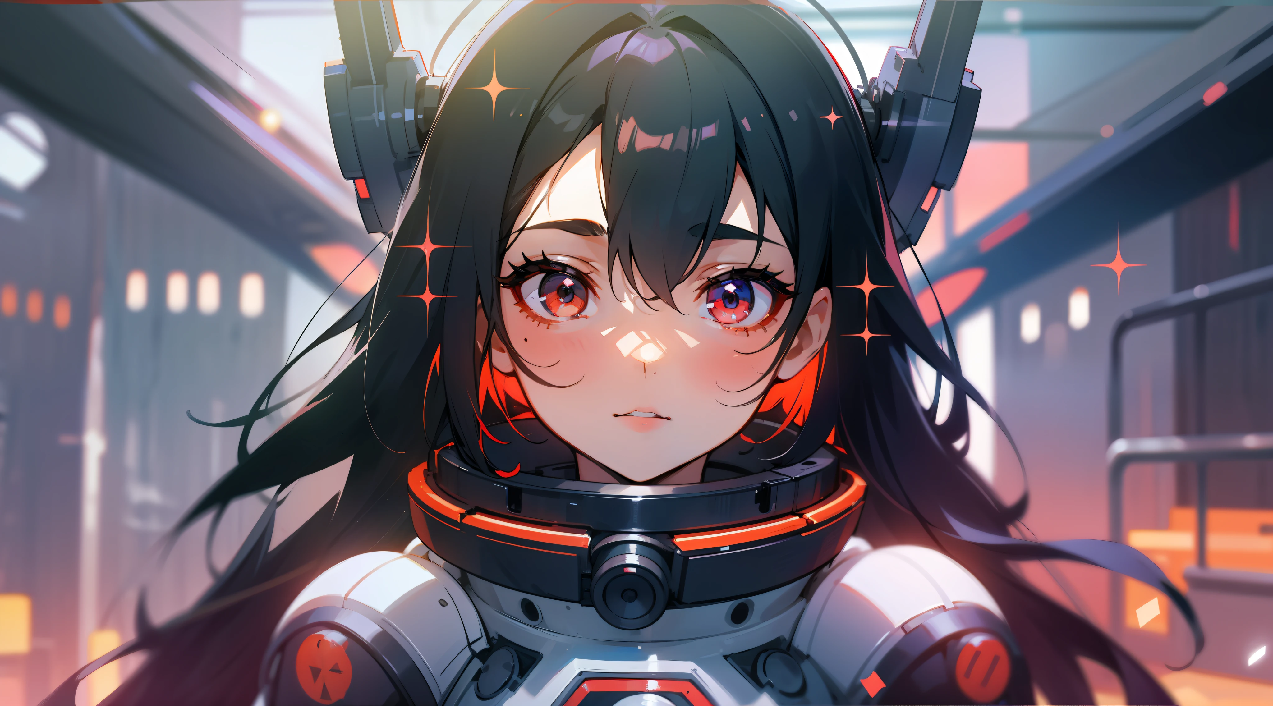 1girl, flat chest, cute, beautiful and detailed eyes, life on the space station, mirror props, shiny hair, visible through hair, hair between the eyes, white monochrome, , Soviet Union, communism, black hair, red eyes, vampires, girl, poor breasts, space suit: blurred foreground, HD, depth of field, bokeh, bust, medium shot, 56mm lens