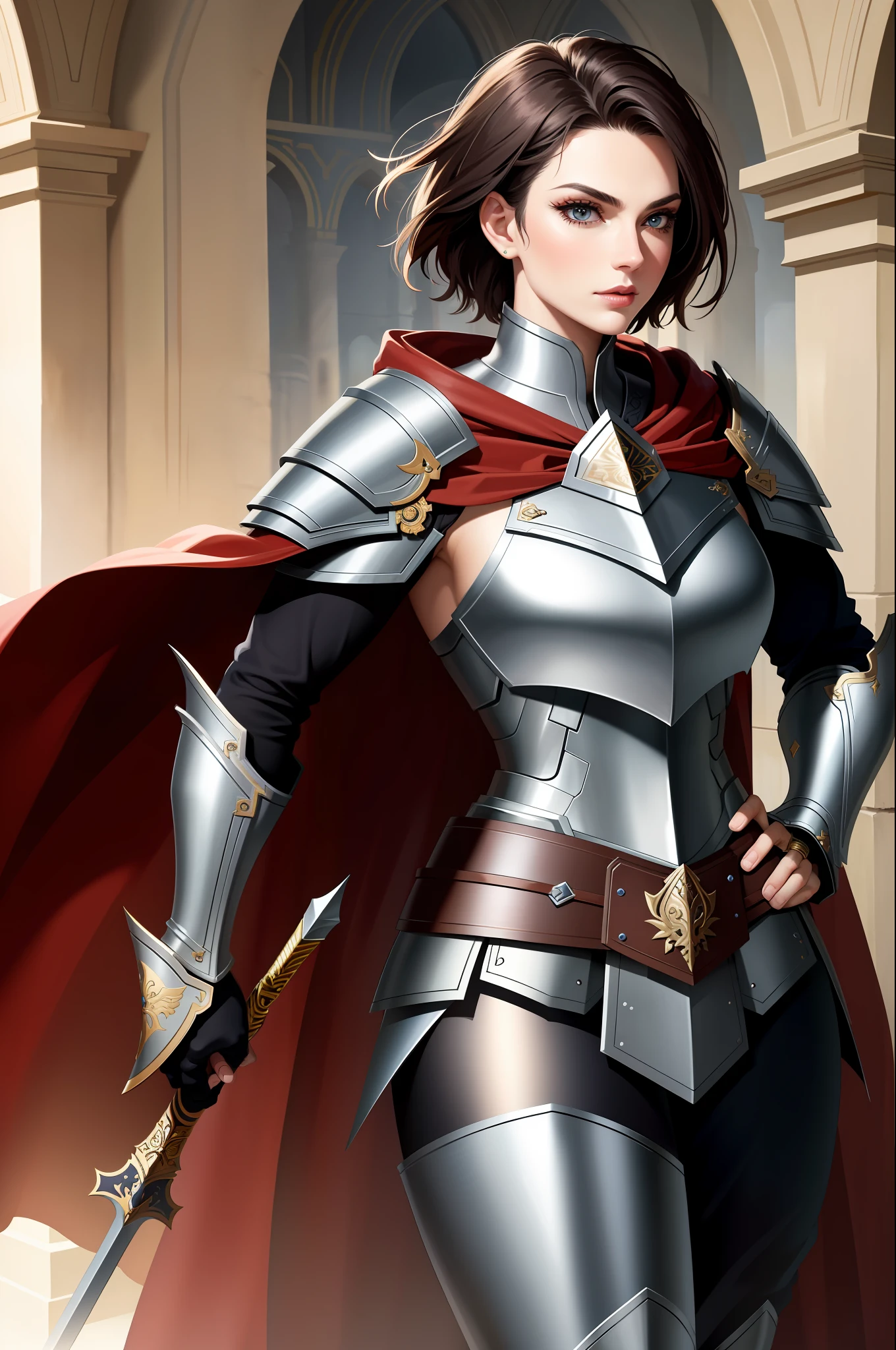 (masterpiece:1.2), (best quality:1.2), perfect eyes, perfect face, volumetric lighting, 1girl, tall mature female warrior, muscular, short hair, heavy armor, huge pauldrons, gauntlets, cloak, belt, spear, skirt, stern expression, makeup, lipstick, eyeshadow, mascara, thick eyelashes, dark fantasy, outdoor, detailed background, hand on hip