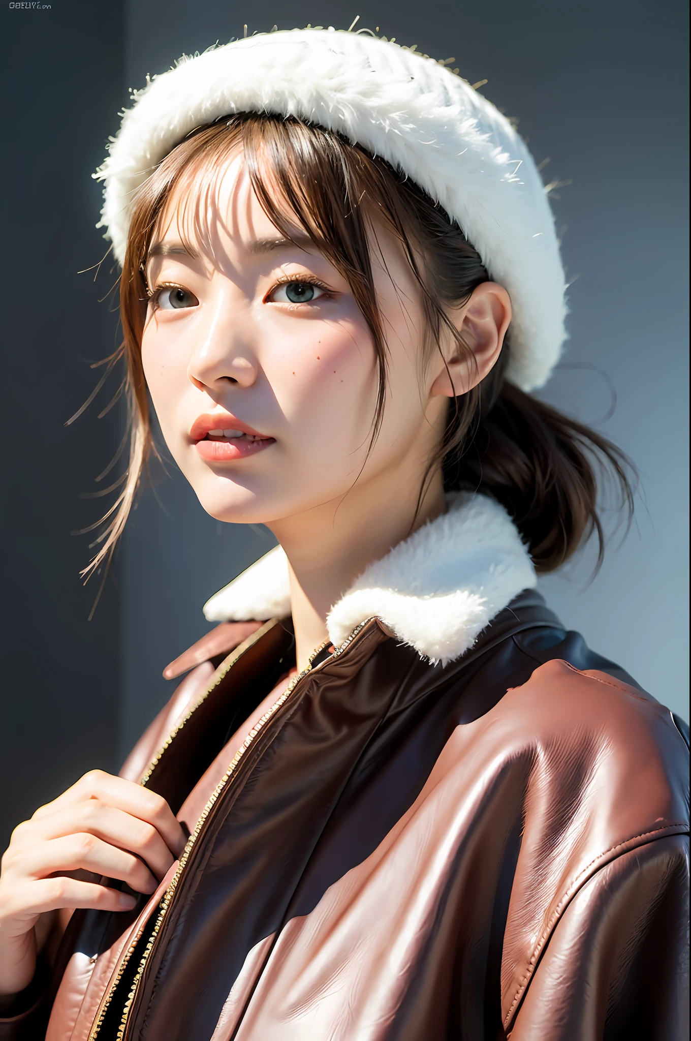 ((8k:1.27), top quality, masterpiece, super high definition:1.2) Cute beautiful Japan woman photo (Beautiful:1.1) (SF Warrior Woman:1.1) Space soldier, (Knitted hat: 1.61) (Leather jacket: 1.21) Complex and elegant, fantasy, detail, geometric patterns by Greg Lutkowski and Alphonse Mucha, gradient lighting