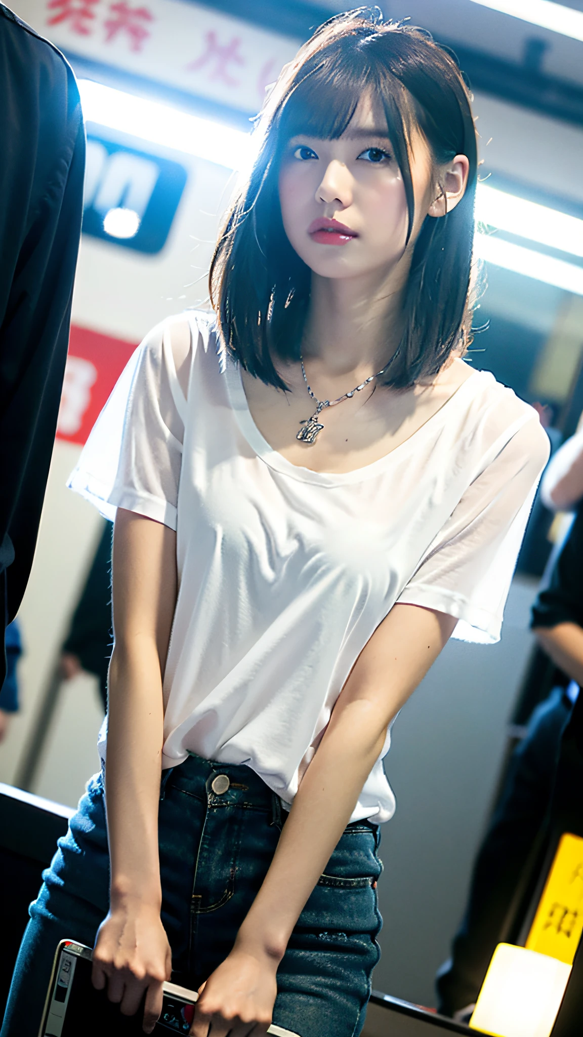(Best Quality, 8k, 32k, Masterpiece, UHD: 1.2), Cute Japan Woman Pictures, Tattoo, Best Portrait, Slender, Medium Breasts, Very Short Hair, Boyish, Upper Body, Face Focus, Oversized White Shirt, Sheer, Braless, Staggered, Rolled Up Arms, Necklace, Crowded in Front of the Station, Down, Looking at the Smartphone at Hand,