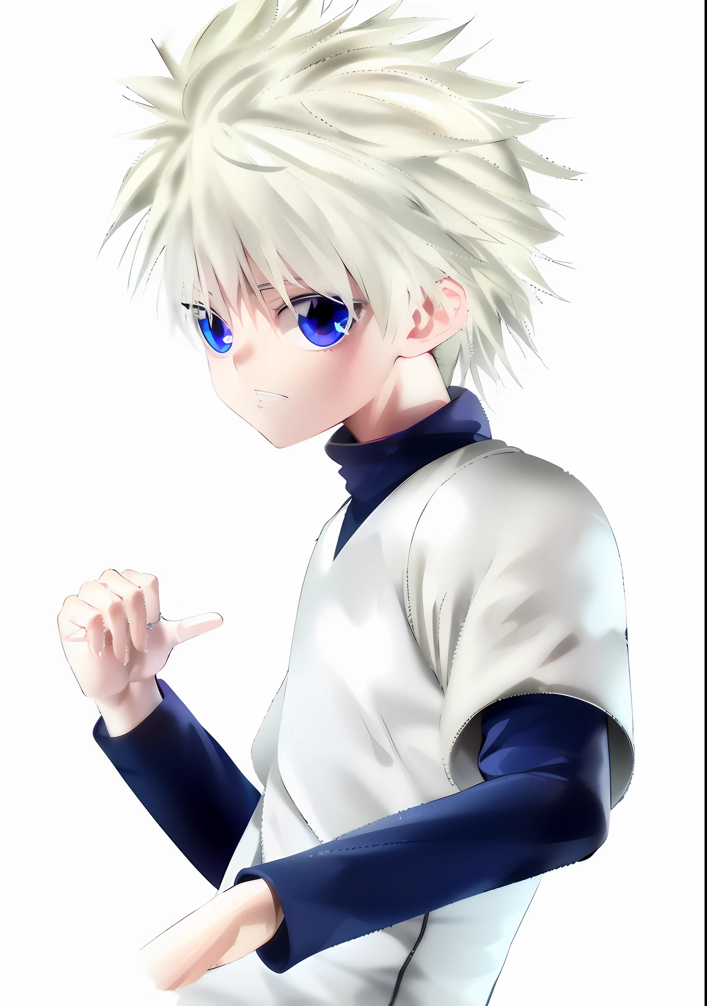 anime boy with white hair and blue eyes pointing at something, killua zoldyck black hair, killua zoldyck, killua zoldyck portrait, kaworu nagisa, nagito komaeda, fubuki, hunter x hunter, killua zoldyck made of jewlery, tall anime guy with blue eyes