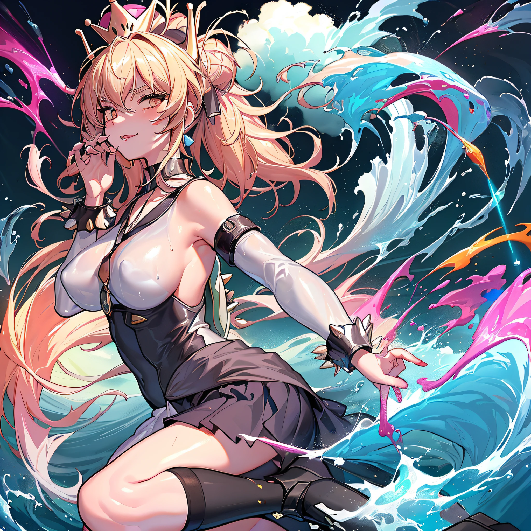 (((highest quality)))), ((Masterpiece)))), (Ultra detail: 1.3), (Hi-Res), Amazing, Complex, Illustration, (artgerm: 1.2), ((Highly detailed wallpaper 4k CG Unity)))), official art, original, intense angle, sunlight, (High contrast: 1.2), (Colorful), cinematic lighting, (Very detailed and beautiful: 1.33), (( Young petite female model)), (cute: 1.33), sitting, ([diamond: 1.3|eyes]: 1.2), big round eyes, V-shaped_eyebrows, long white eyelashes, (seductive laugh), ([Opal:1.9|gradient_hair:1.3]:1.2), (hair dripping: 1.25), (detailed super oily glossy skin: 1.2), ( Skin dent: 1.2), ([wet: 0.8|Mucus]), armpits, (detailed hands and fingers: 0.9), simple clothes, no back, (pleats: 1.2), cross_necklace, (white lavender [school open back plunge shirt: 0.3]: 1.3), (middle chest: 1.15), (inner chamber cutout: 1.2), (inguinal cutout), no panties, (sketch: 0.8), The girl in the 2D anime is sitting on a giant toad surrounded by giant mushrooms and colorful butterflies, no shoes, (wet) clothes, (wet) thighs, she has a curious and adventurous expression on her face as she explores the strange and mysterious garden. (blush), her hair is styled with candy-floss-colored pigtails adorned with a pair of oversized bows. She holds a lollipop in one hand and a butterfly in the other. The atmosphere is whimsical and playful, and it is clear that she is in her elements and enjoys fantastic garden moments.,Yokai\(Arc Knights\), red_eyes 1 girl, bangs, bare_shoulders, breasts, clouds, detached_sleeves, hair_between_eyes, long_hair, looking_at_viewer, medium_breasts, red_eyes, silver_hair, Solo, very_long_hair, white_headwear(nsfw:1.0)(wet_clothes:1.3)(very_large_breasts:1.4)(female fluid,steam,(blush,sound_effects,convulsion,trembling,trembling,chest bouncing, Messy hair, steaming_body:1.1) (Face: 1.2)(NSFW:1.0) (Nude: 1.0)(Nipples:1.5)(: 1.5)(stationary_restraints:1.2)Plug, Middle Breast, (Viewer: 1.2) (Spoken Heart, Spoken Blush: 1.2), Juice: 1.3), (Female bodily fluids, steam, (blush, sound_effects, twitching, trembling, trembling, bouncing breasts, messy hair, steaming_body: 1.1), (saliva: 1.2), after_sex, (effect *_motion_blur: 1.2) on face) (milking: 1.0) (tentacle cun: 1.5) (pubic tattoo: 1.1) (tentacle_sex: 1.5) (double insertion: 1.2) (buttocks: 1.1) Spector