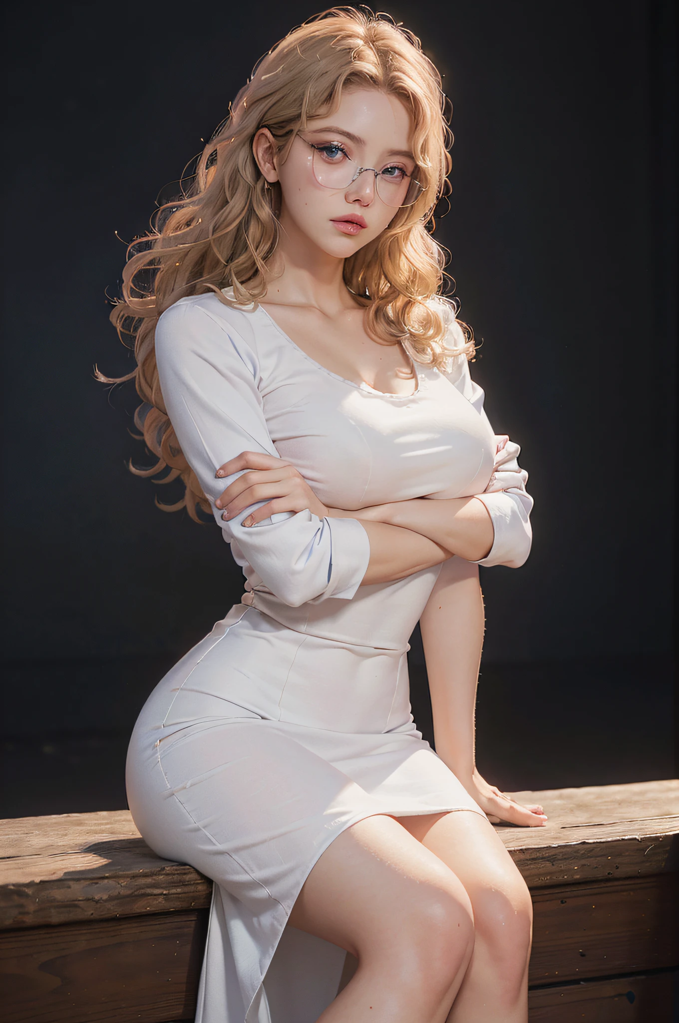 ((realistic lighting, top quality, 8K, masterpiece: 1.3)), no one's train, very beautiful woman. Delicate face. She looks like she is showing off her body, 40k, photography, masterpiece, best quality, dark gray background, ((1 girl blue eyes and gorgeous light blonde curls, she wears glasses on her beautiful face, pink long dress, thin white shirt she is about to take off, big hard ,)), big ass full breasts until waiting to be worn, various poses. ((:1.3)), ultra-detailed face, detailed eyes. Shaved bread, various poses,