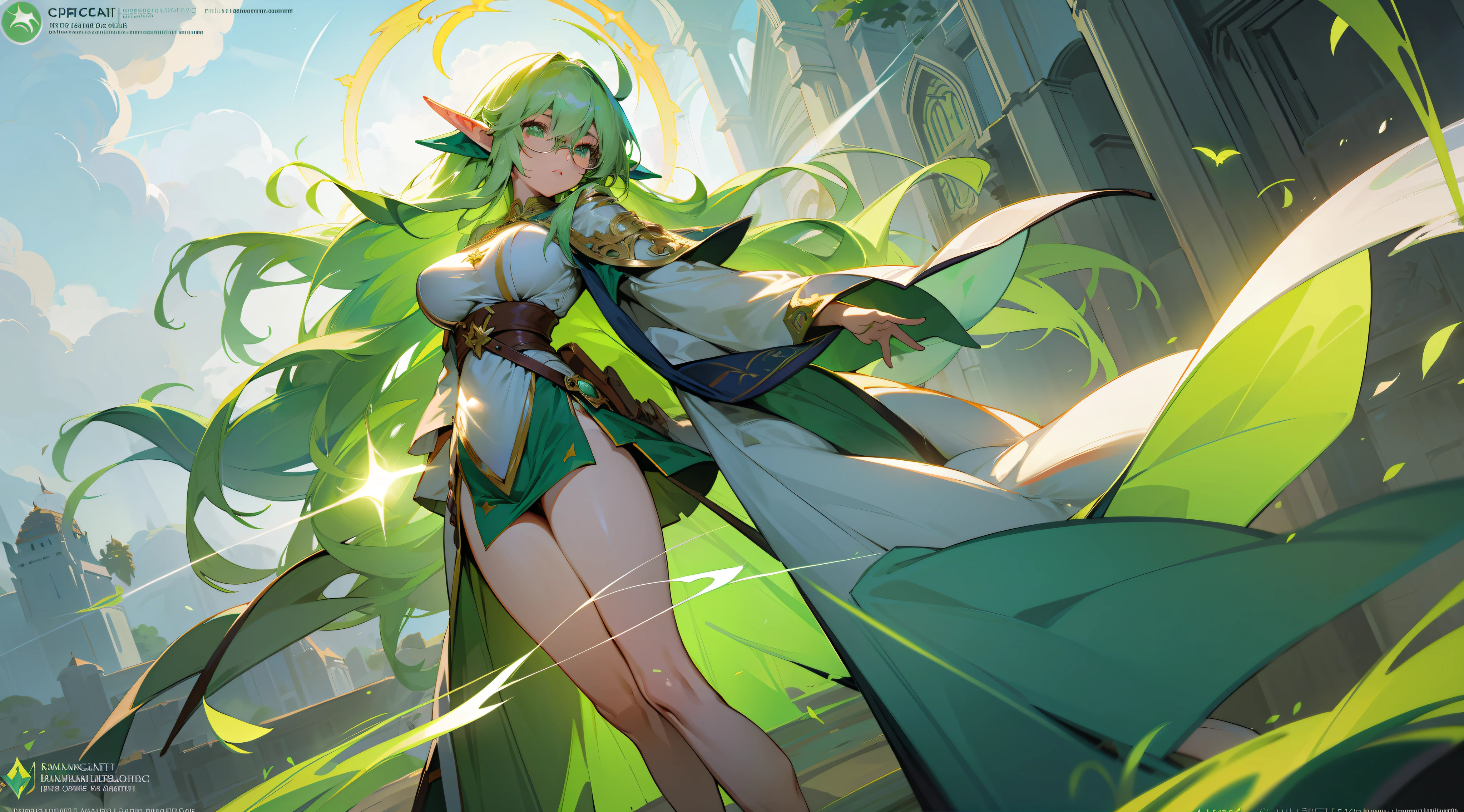 an elf mage, long light green hair, bangs, glasses, large breasts, exposed thighs, hair between eyes, heroic posture, green eyes, full body, white and green sorcerer's cloak, confident, fantasy, medieval, wind magic, sun rays, lens reflection, brilliance