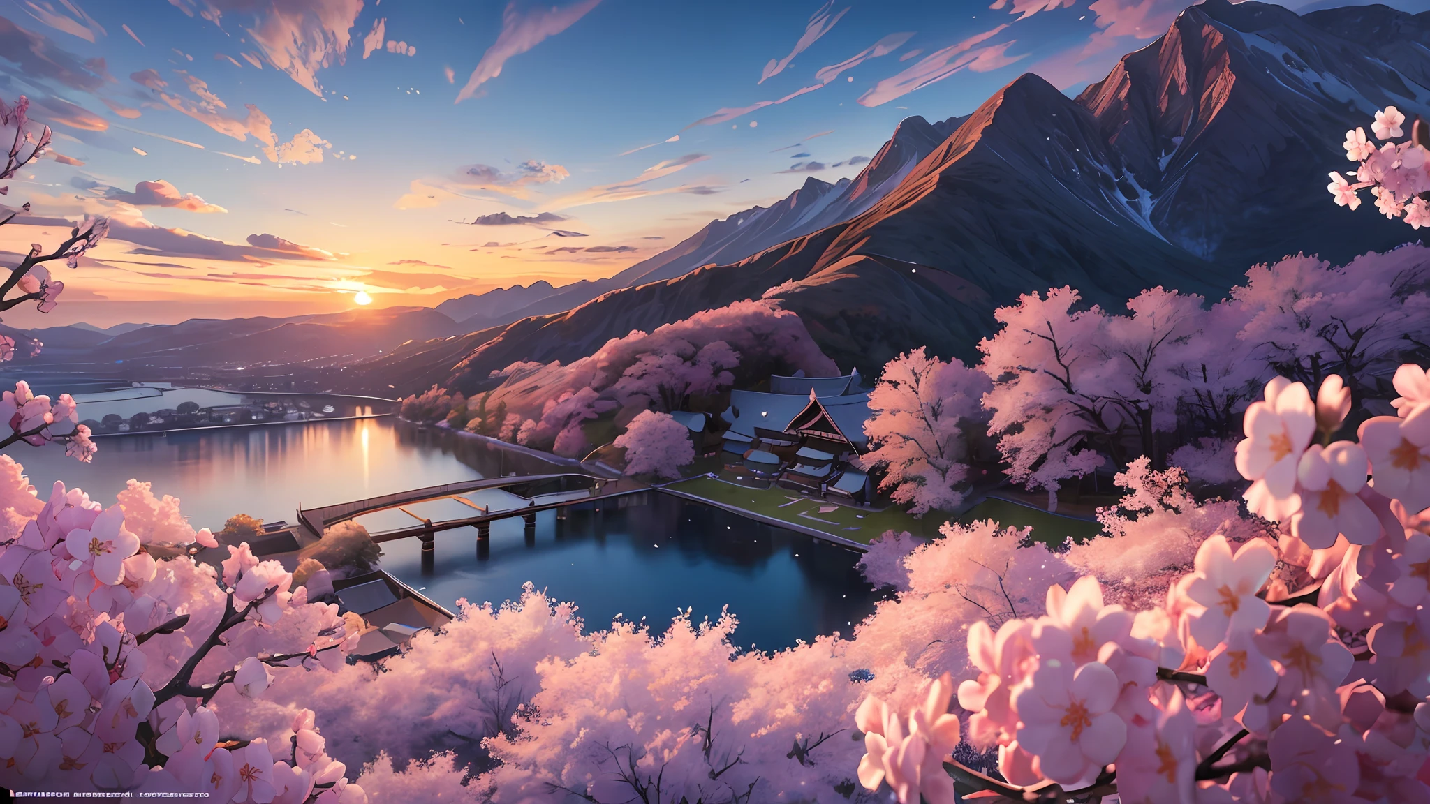 (masterpiece, best quality:1.2), ultra detailed, cinematic lighting, HDR, ilustration,  landsape,  sunrise,  cherry blossom, impressive, chill, inspirational,
