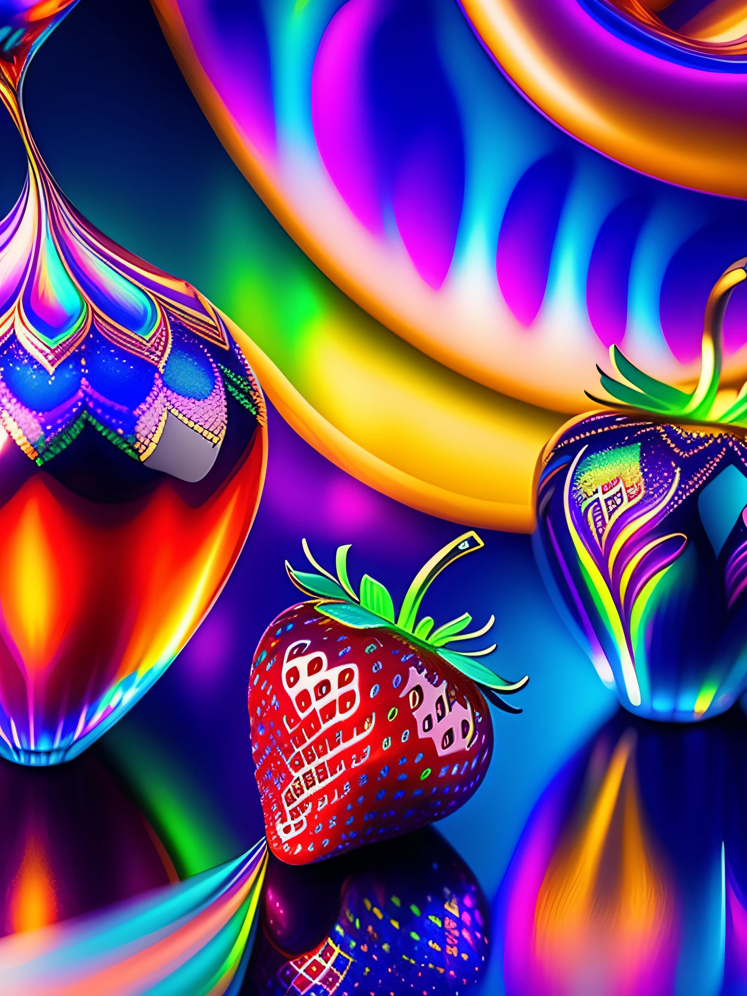 Iridescent, aurora borealis, strawberries, white chocolates, textured, intricate, ornate, shadowed, colourful, 3d, highly detailed, deco style, by tim burton, by dale chihuly, by hsiao-ron cheng, by cyril rolando, by h. r. giger $plastic$ grid:true