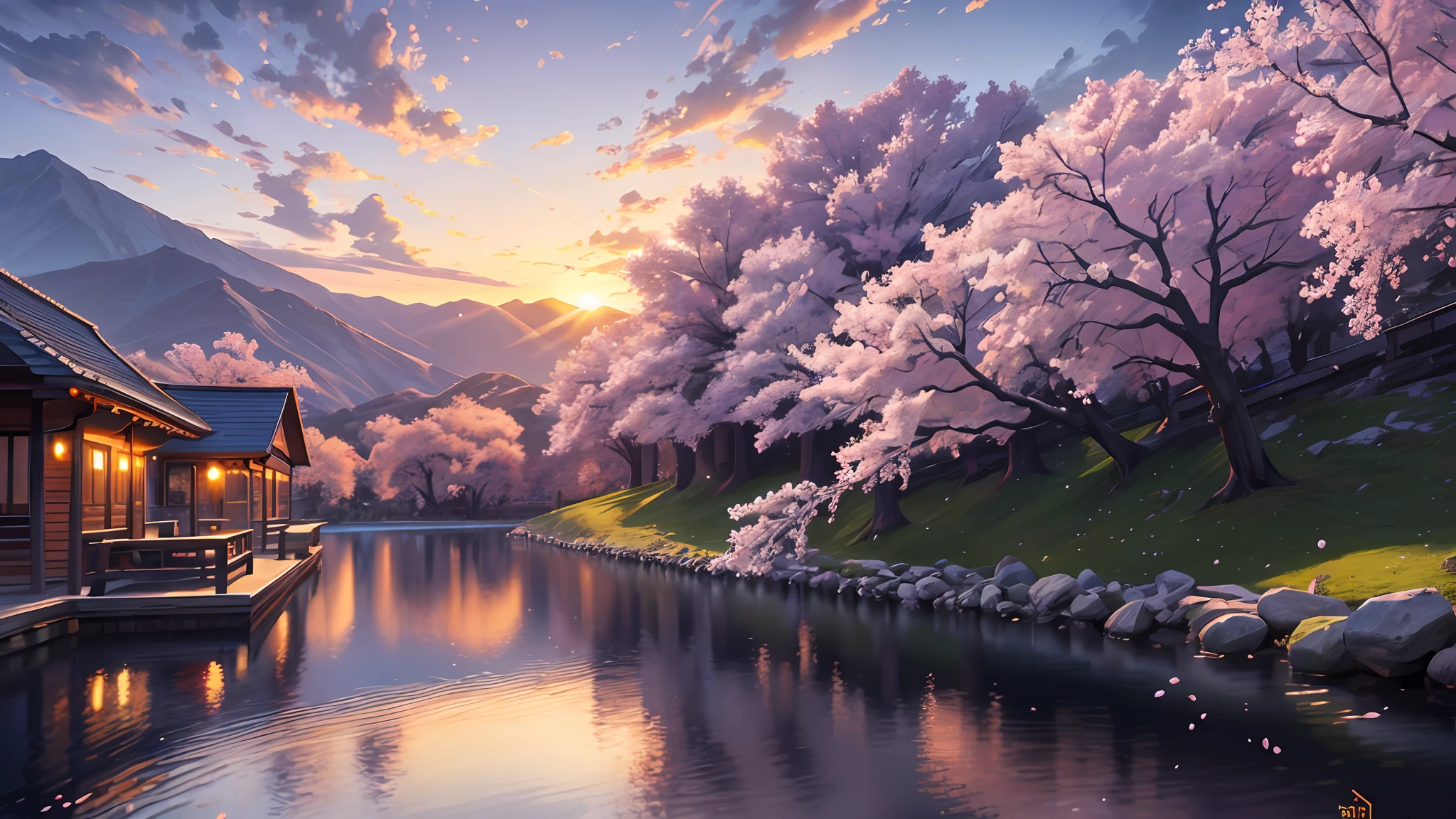 (masterpiece, best quality:1.2), ultra detailed, cinematic lighting, HDR, ilustration, landsape, sunrise, cherry blossom, impressive, chill, inspirational,