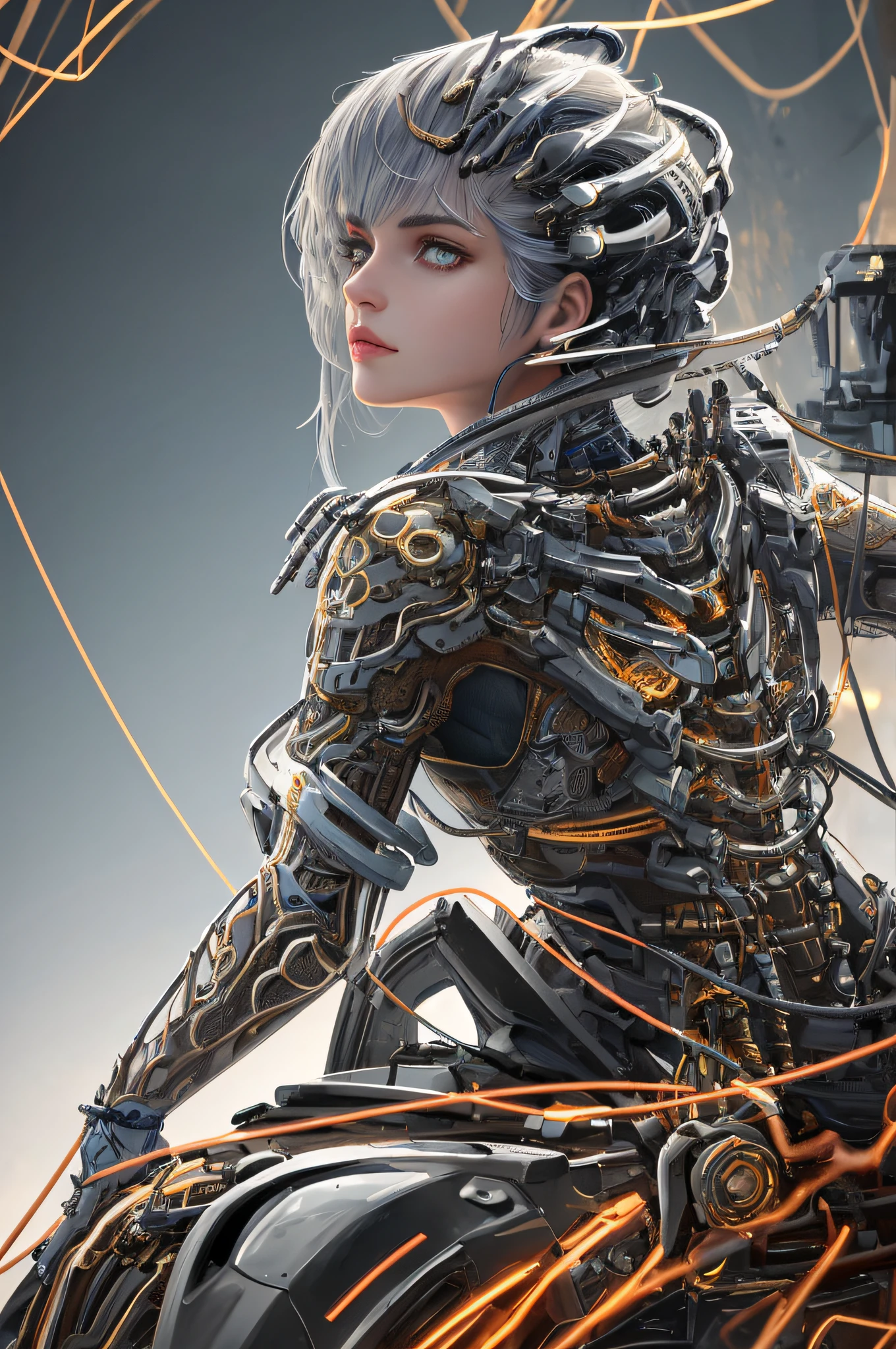 1mechanical girl,((ultra realistic details)), portrait, global illumination, shadows, octane render, 8k, ultra sharp,metal,intricate, ornaments detailed, cold colors, egypician detail, highly intricate details, realistic light, trending on cgsociety, glowing eyes, facing camera, neon details, machanical limbs,blood vessels connected to tubes,mechanical vertebra attaching to back,mechanical cervial attaching to neck,sitting,wires and cables connecting to head