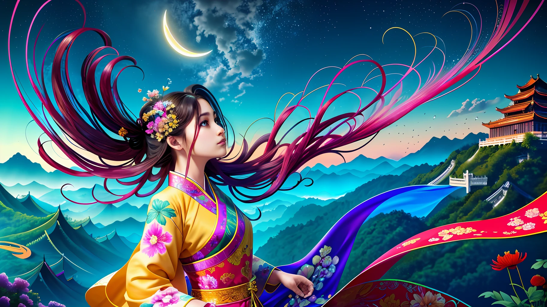 (8k, RAW photo:1.2),best quality, ultra high res,dramatic angle,(fluttered detailed color splashs), (illustration),(((1 girl))),(long hair),(rain:0.9),(hair ornament:1.4),there is an ancient palace beside the girl,(((chinese clothes))),(focus on), color Ink wash painting,(color splashing),colorful splashing,((colorful)),(((cool colors))),(((Tang dinasty)))(sketch:0.8), Masterpiece,best quality, beautifully painted,highly detailed,(denoising:0.6),[splash ink],((ink refraction)), (beautiful detailed sky),moon,highly,detaild,(masterpiece, best quality, extremely detailed CG unity 8k wallpaper,masterpiece, best quality, ultra-detailed),(Lycoris radiata), architecture,