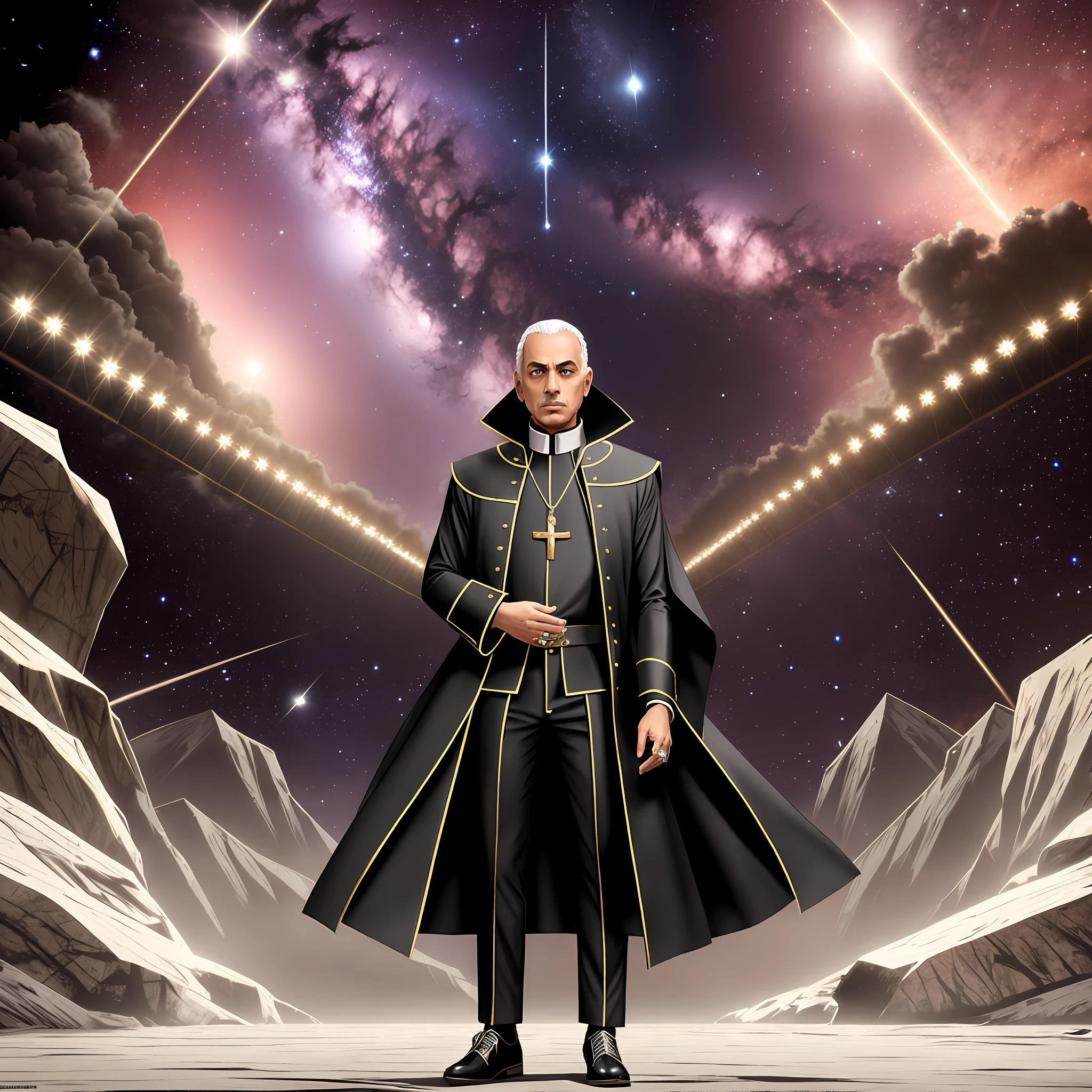 Enrico Pucci, in the clothes of a priest, background the restart of the universe begins --auto --s2