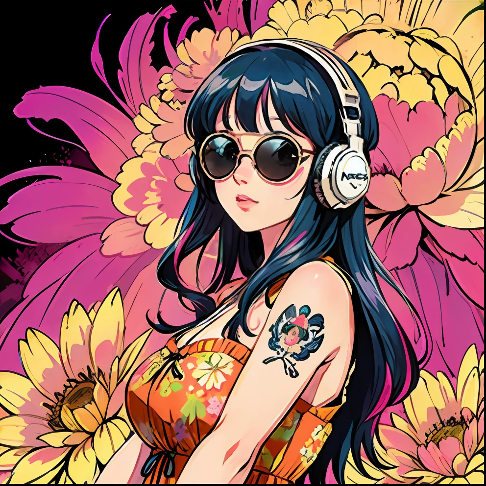 remixed - 1960s woodstock girl, extra big round sunglasses, flowers in the hair, flowery dress, oversized old school headphones with chuck lead, tattoo arms, colorful psychedelic background, cinematic lighting, volumetric lighting, rim lighting,dynamic angle