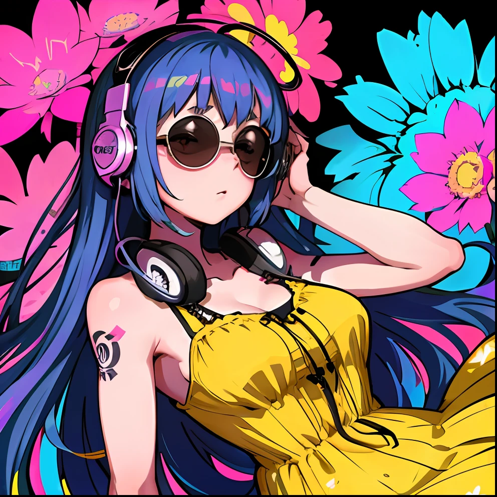 remixed - 1960s woodstock girl, extra big round sunglasses, flowers in the hair, flowery dress, oversized old school headphones with chuck lead, tattoo arms, colorful psychedelic background, cinematic lighting, volumetric lighting, rim lighting,dynamic angle