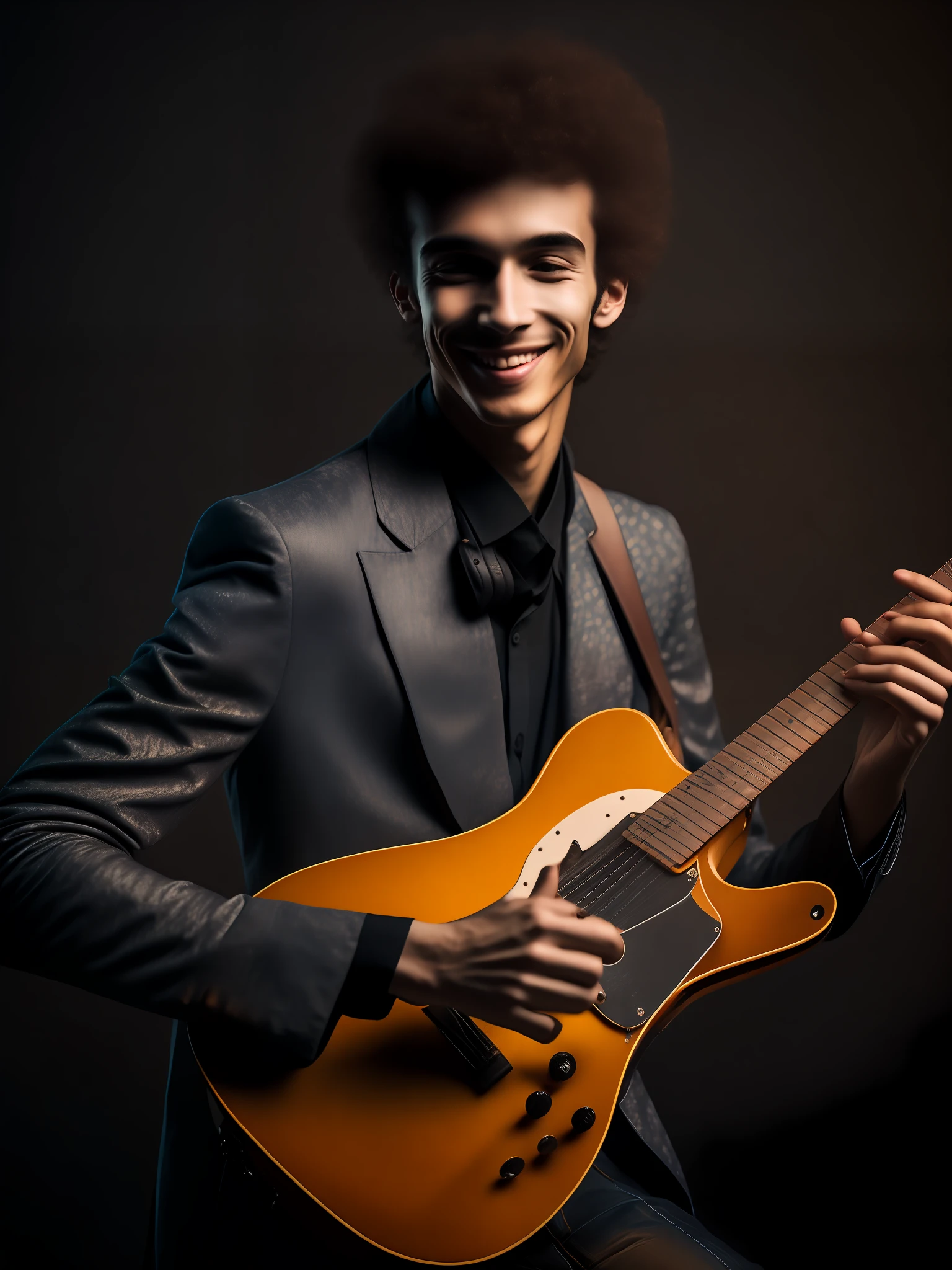 (Modelshoot style), A happy young man playing guitar ((wearing a simple outfit)), (Rembrandt Lighting), zeiss lens, half-length photo, realistic, (highly detailed skin: 1.5), 8k uhd, dslr, Dramatic Kidney light, high quality, film grain, Fujifilm XT3, ((in a studio))