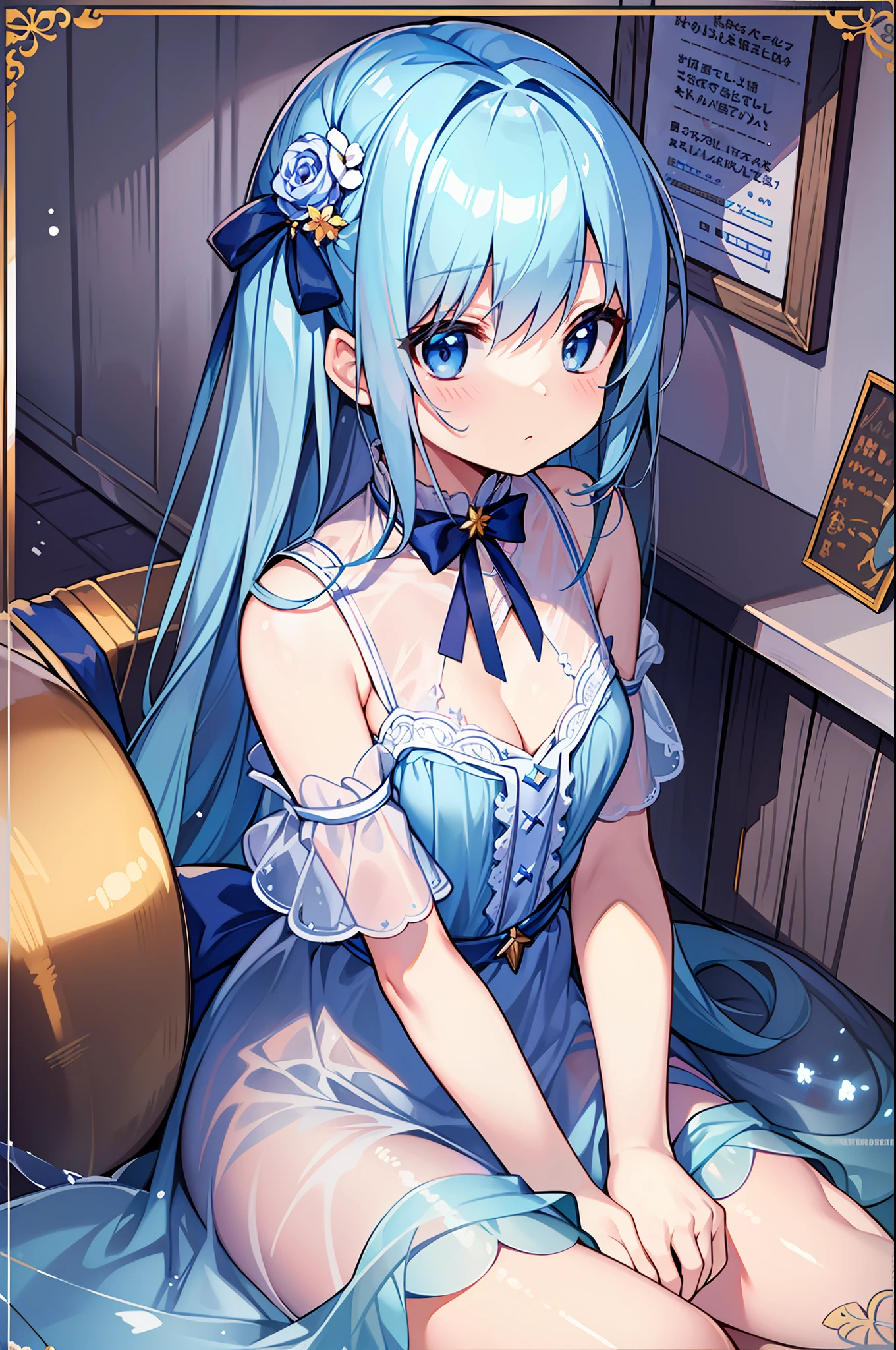 (MASTERPIECE), (Best Quality), (Super Detail), Official Art, One Girl, Lori with Pale Light Blue Hair, Petite Little Girl, Loli, Blue and Silver See-Through Dress, Sleeveless, Off Shoulder, Small, Very Small, Small, Cleavage, Thigh Focus, Card Illustration, Water
