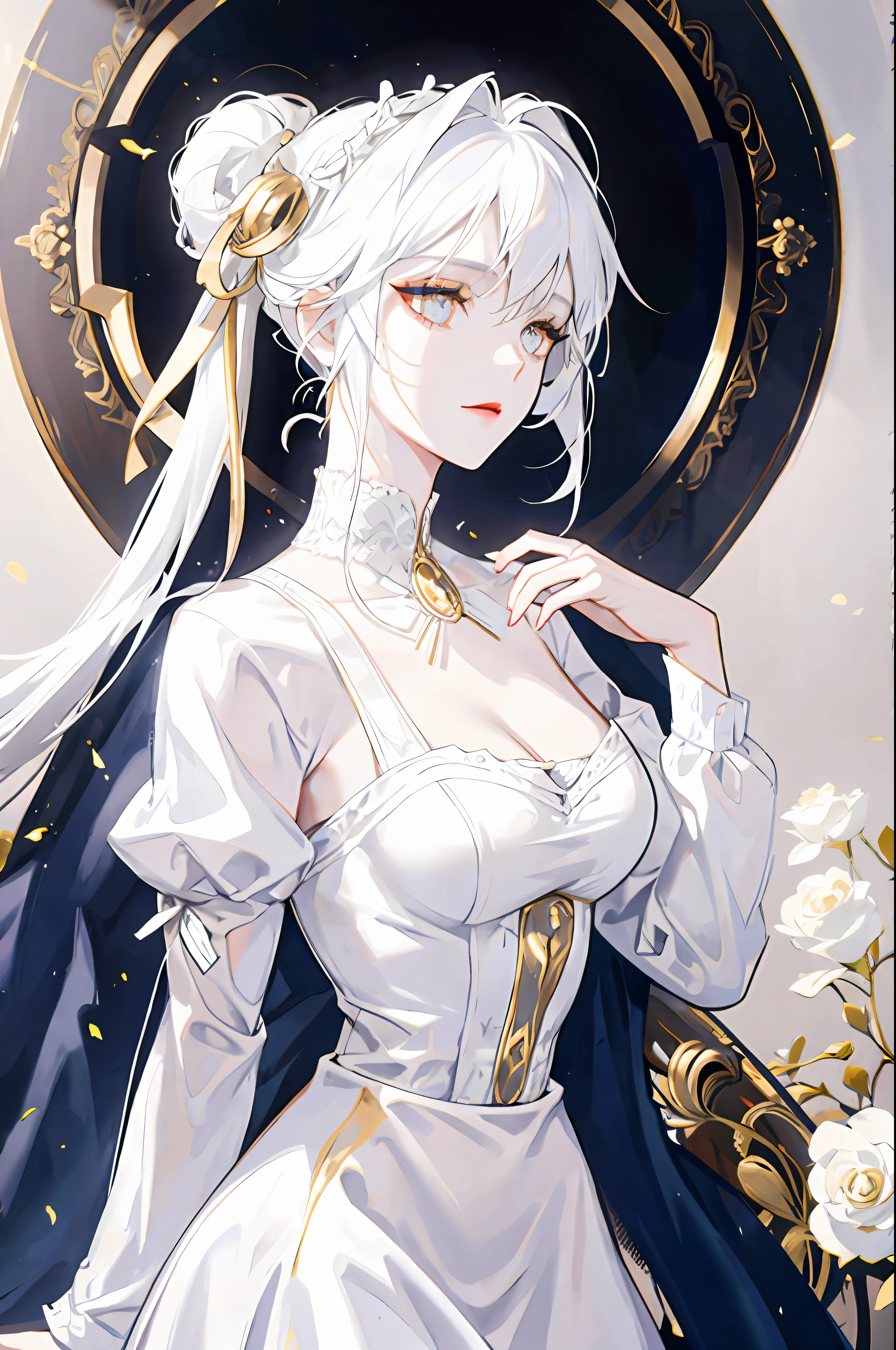 White haired woman, golden eyes, white victorian dress, white skin, elegant, royalty, young woman, alone, mature, beautiful