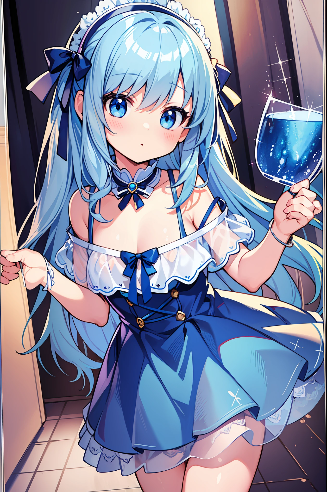 (MASTERPIECE), (Best Quality), (Super Detail), Official Art, One Girl, Lori with Pale Light Blue Hair, Petite Little Girl, Loli, Blue and Silver See-Through Dress, Sleeveless, Off Shoulder, Small, Very Small, Small, Cleavage, Thigh Focus, Card Illustration, Water