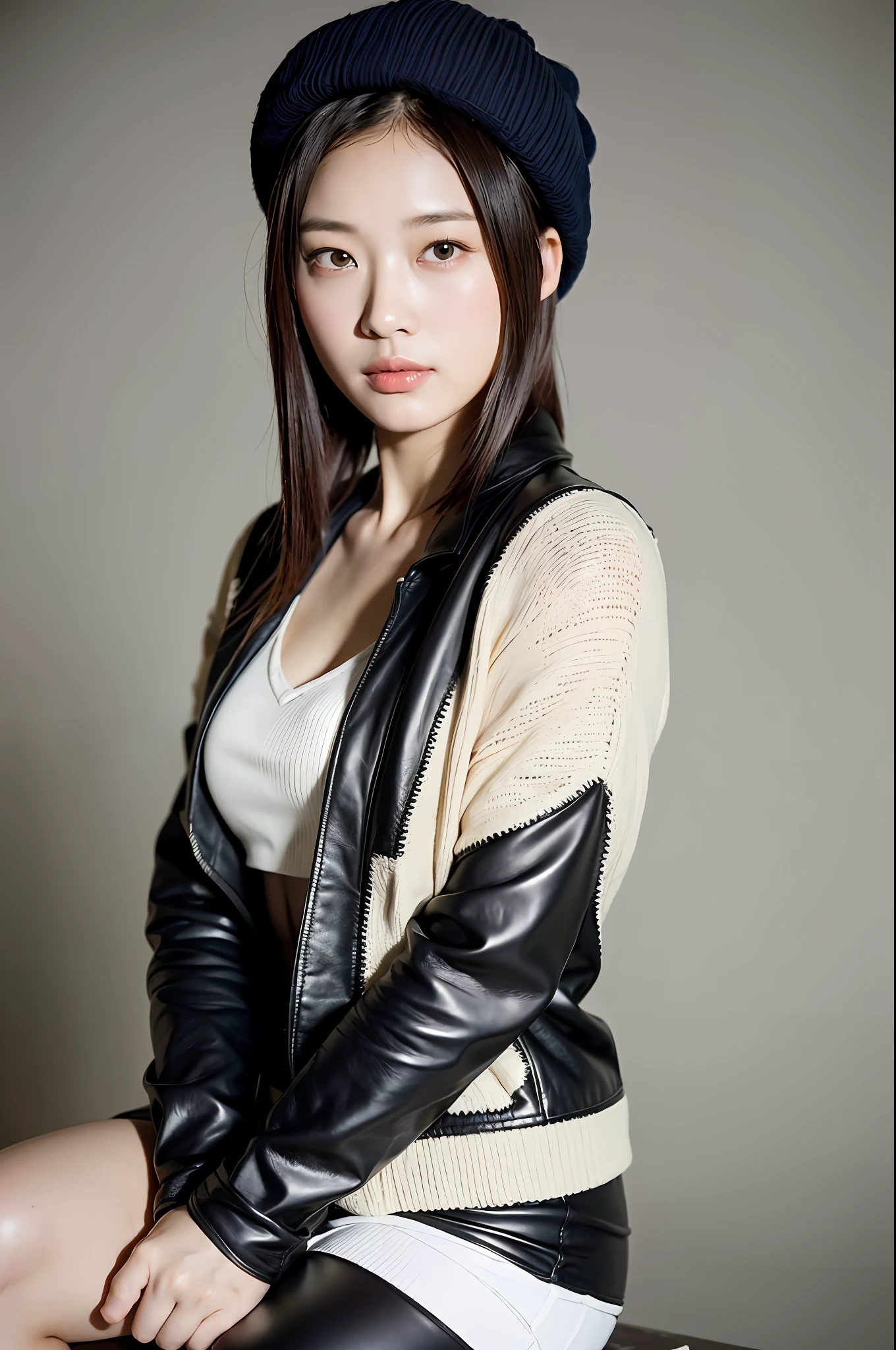 ((8k:1.27), top quality, masterpiece, super high definition:1.2) Cute beautiful Japan woman photo (Beautiful:1.1) (SF Warrior Woman:1.1) Space soldier, (Knitted hat: 1.61) (Leather jacket: 1.21) Complex and elegant, fantasy, detail, geometric patterns by Greg Lutkowski and Alphonse Mucha, gradient lighting