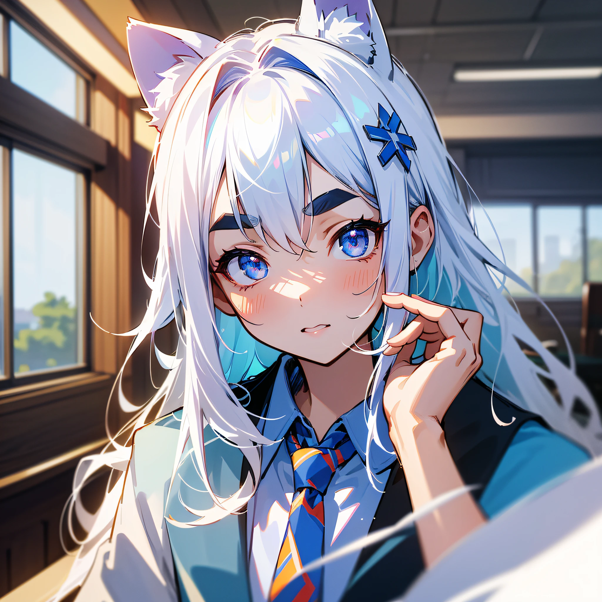 (1girl:0.976), White hair, (Animal ears:0.922), (solo:0.892), (desk:0.876), (halo:0.868), (hair ornament:0.863), (blurry background:0.771), (Depth of view：0.766）, （looks at the viewer：0.621）, （blue necktie：0.591）, （eyebrows visible through hair：0.589）, （indoors：0.530）, （Open the jacket：0.501）, School, 16k, highres, best quality, award winning, high details, high quality, textured skin, super detail, UHD, retina, ccurate, masterpiece --auto --s2