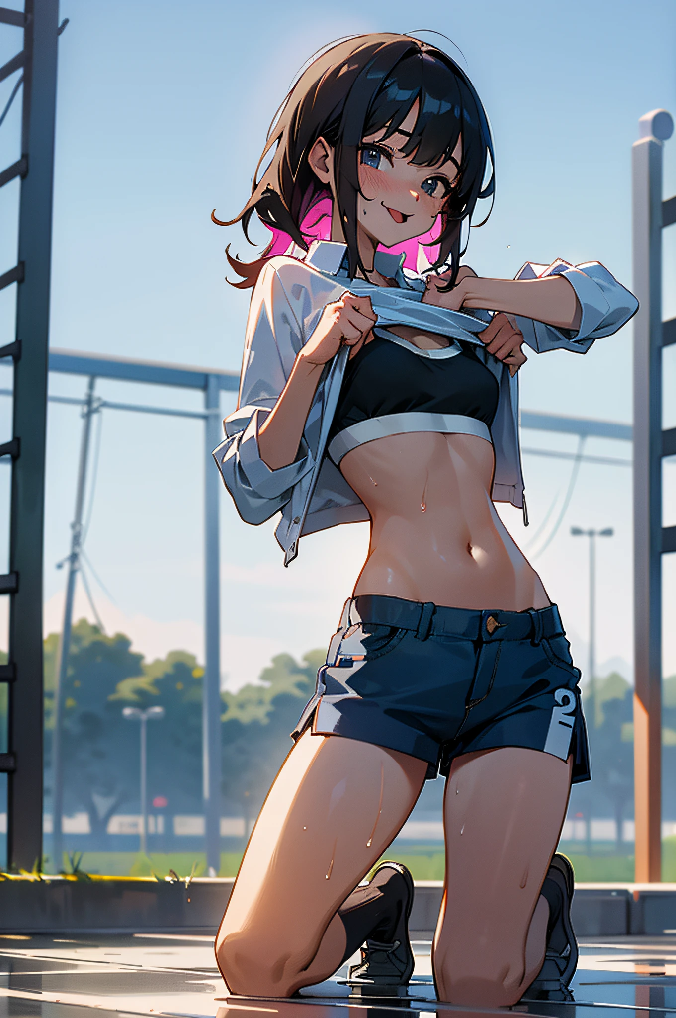 Girl kneeling in the playground after school ((the whole body is visible)), far from the viewer.
She is beautiful, pretty, adorable, cute, young, teen.
She is slim, slender, petite, lean, (flat breasts), (small), (small breasts).
She is sweaty, wet and soaked. Transparent clothes, sweaty on the skin, wet hair.
She is grinning. She looks natural, relaxed and unpretentious.
Deceptive face. Make funny faces. (tongue sticking out), telling secrets, hiding secrets, shy, excited.
She stares at the viewer.
She wears a school uniform, a rolled up white shirt with a blue collar, a colored corduroy sports bra under the shirt, blue shorts, and two layers.
Shirt lift,. (((She lifts her shirt and shows off her sports bra underneath))).
Camera focused on her face, face light, very large aperture, ((f / 1.2)), shallow depth of field, strong background lens blur, ISO 3000, automatic white balance,
Highly detailed professional lighting, soft light, raw photos, UNIQLO fashion models,
Top quality, masterpieces, award-winning photos, huge file size, 8K, high resolution,
Shot with a Sony DSLR.