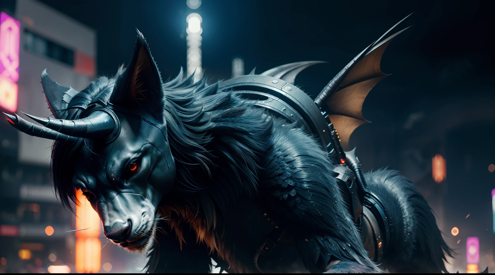 magical creatures, cyberpunk environment, vibrant, photorealistic, realistic, hyper-realistic, insanely detailed, dramatic, dark, sharp focus, 8k