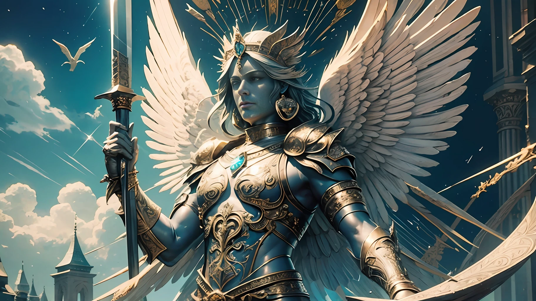 Michael is tall and powerful, carved out of bluestone, the statue is a huge angel, the wings of the statue are spread out, the wingspan is up to three meters, the statue is slender, wearing ornate armor, chest and shoulder pads are inlaid with mysterious ornaments and precious stones, the statue holds a long sword with mysterious runes on the hilt, and the sword is also studded with precious stones and sapphires. The face of the god is solemn, the expression is solemn, masterpiece, the best quality, 3/4 body --auto --s2