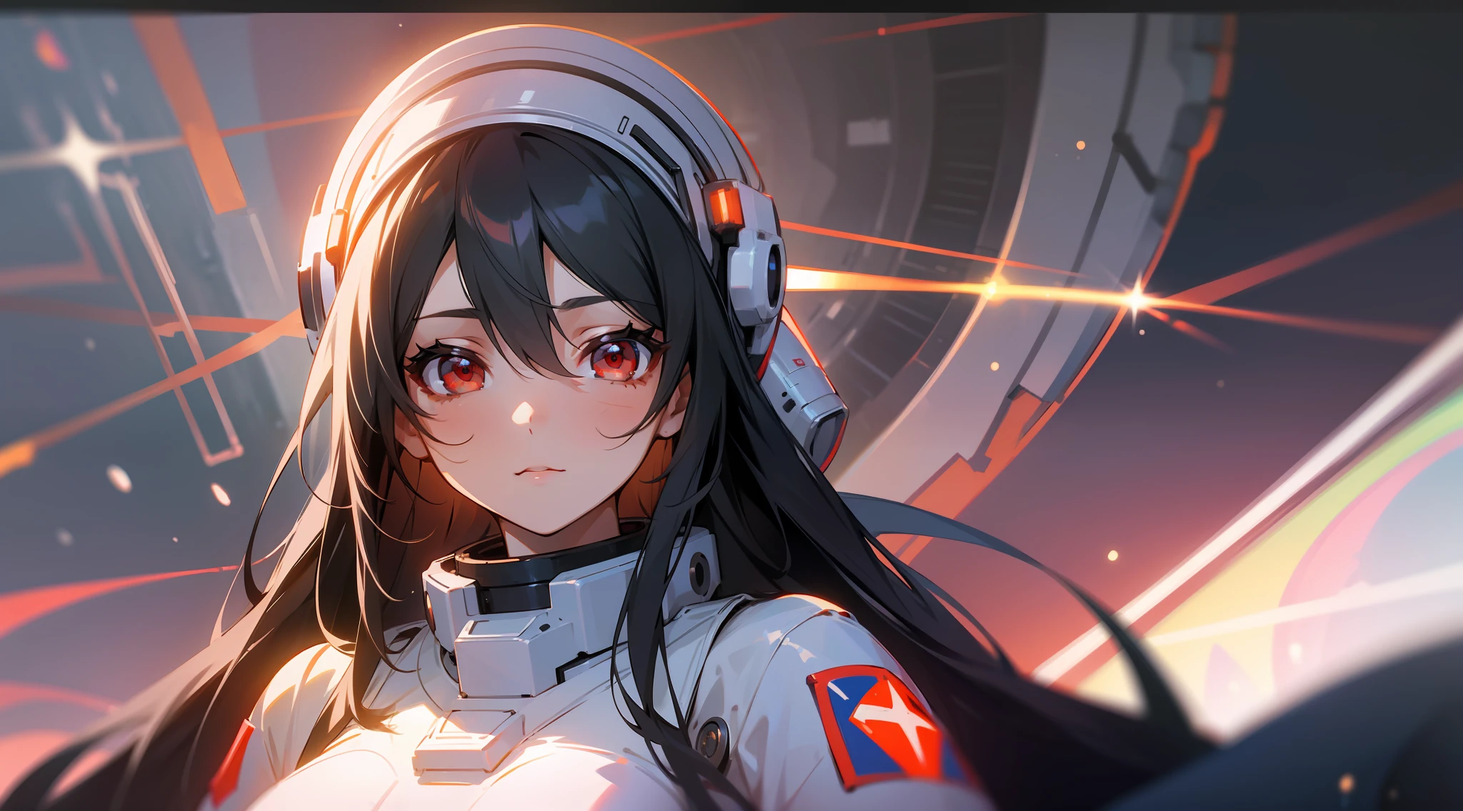 1girl, flat chest, cute, beautiful and detailed eyes, life on the space station, mirror props, shiny hair, visible through hair, hair between the eyes, white monochrome, , Soviet Union, communism, black hair, red eyes, vampires, girl, poor breasts, space suit: blurred foreground, HD, depth of field, bokeh, bust, medium shot, 56mm lens