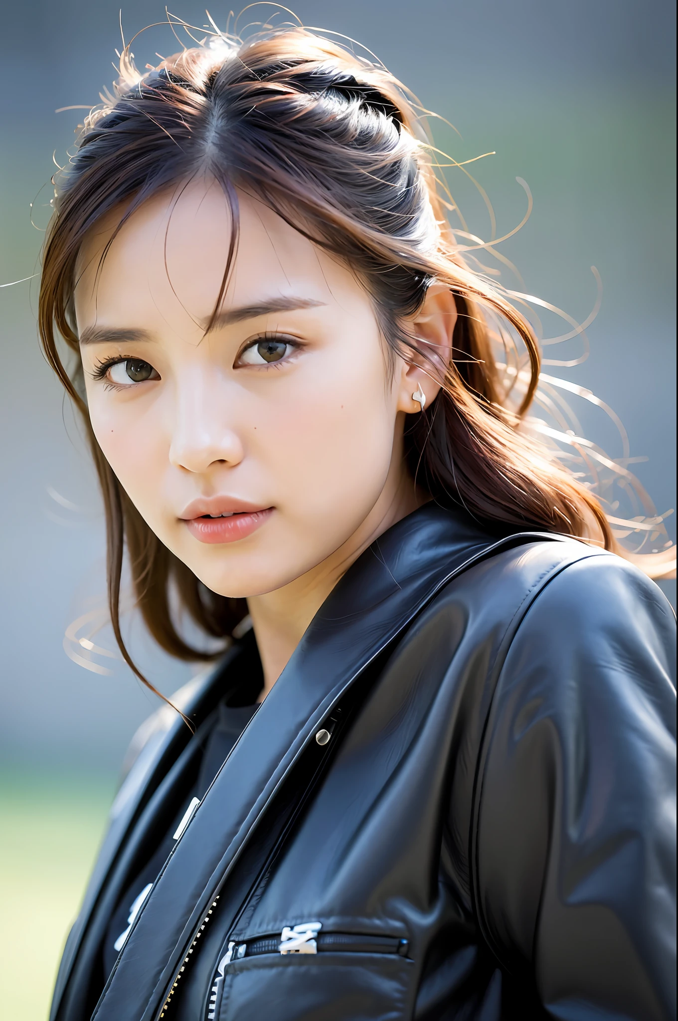 ((8k:1.27), highest quality, masterpiece, super high definition: 1.2) Cute Japan Woman Pictures (Beautiful: 1.1) (Sci-Fi Warrior Women: 1.1) Space Soldier, (Lewis Leather Jacket: 1.21) Intricate and elegant, fantasy, detail, geometric patterns by Greg Rutkowski and Alphonse Mucha, gradient lighting