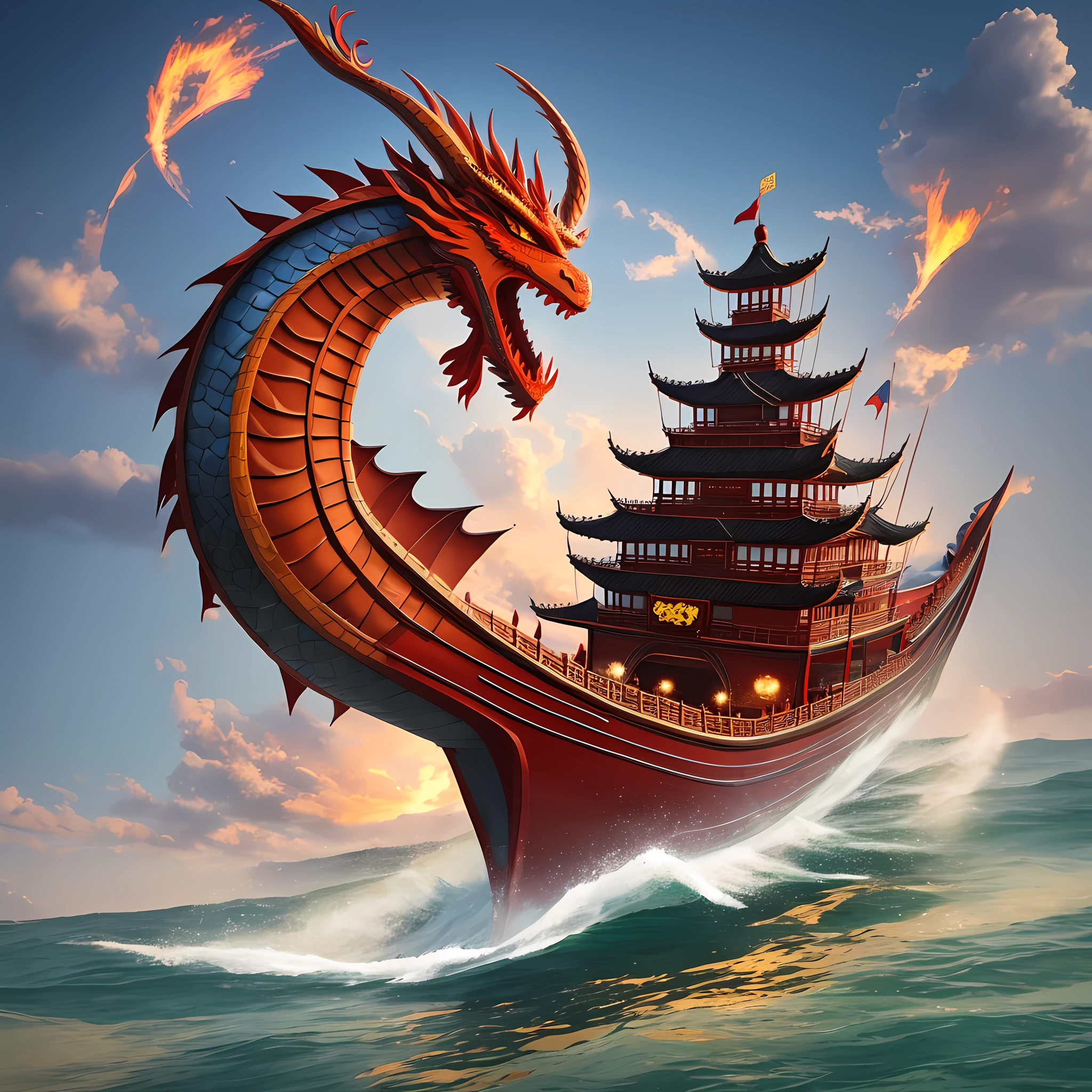 Chinese Dragon Boat Festival dragon-shaped boat design, animated,, and 3D modeling. On one side of the boat is a dragon-shaped dragon,One side dragon-shaped tail,In the middle is the body of the ship --auto --s2