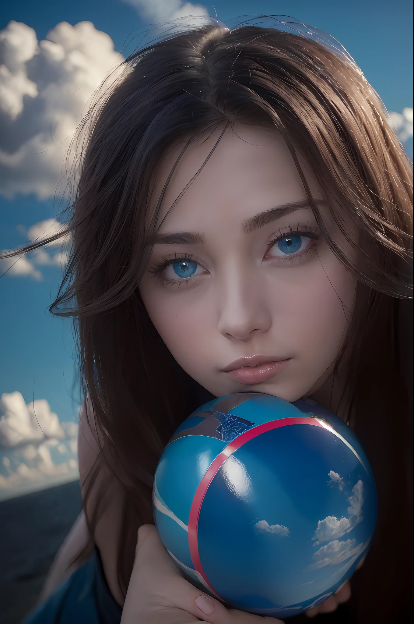 ((Top Quality, Masterpiece: 1.3)), (((Russian Beauty)), 1 Woman, 50 years old, Big: 1.3, Slender Body Type: 1.1, Toned Abs, Red Semi-Long Hair, (BEATCH, Wet Body, Cute Bikini: 1.1), Ultra Detailed Face, Detail Lips, Detail Eyes, Double Eyelids, Beach Ball, Smile, Blue Sky, Clouds, Look Left, Kneeling, Blue Eyes, Wide Shot