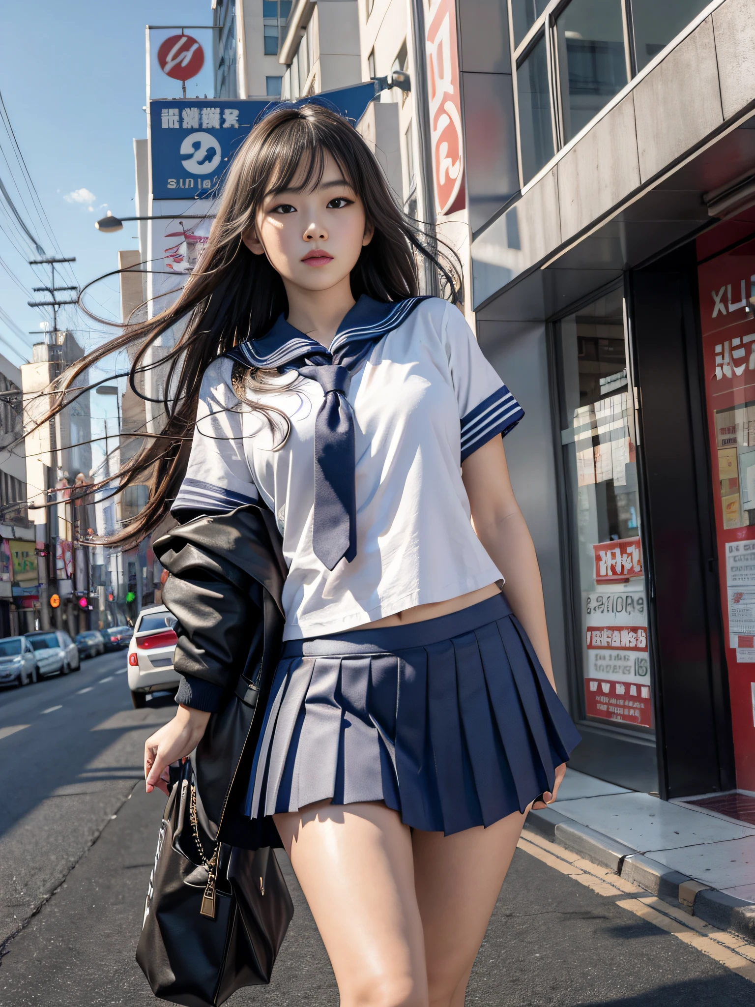 Top Quality, Masterpiece, Ultra High Resolution, (Photorealistic: 1.4), Raw Photo, (Perfect Figure), Dynamic Pose, 1 Girl, Hips Up, Solo, High School, Student, Uniform, Sailor Color, Bobby Socks, Pleated Skirt, Daytime, Street, Deep Shadow, Unobtrusive, Cold Light 12000K \ Street, Store State, Akihabara, \\ Full body,
