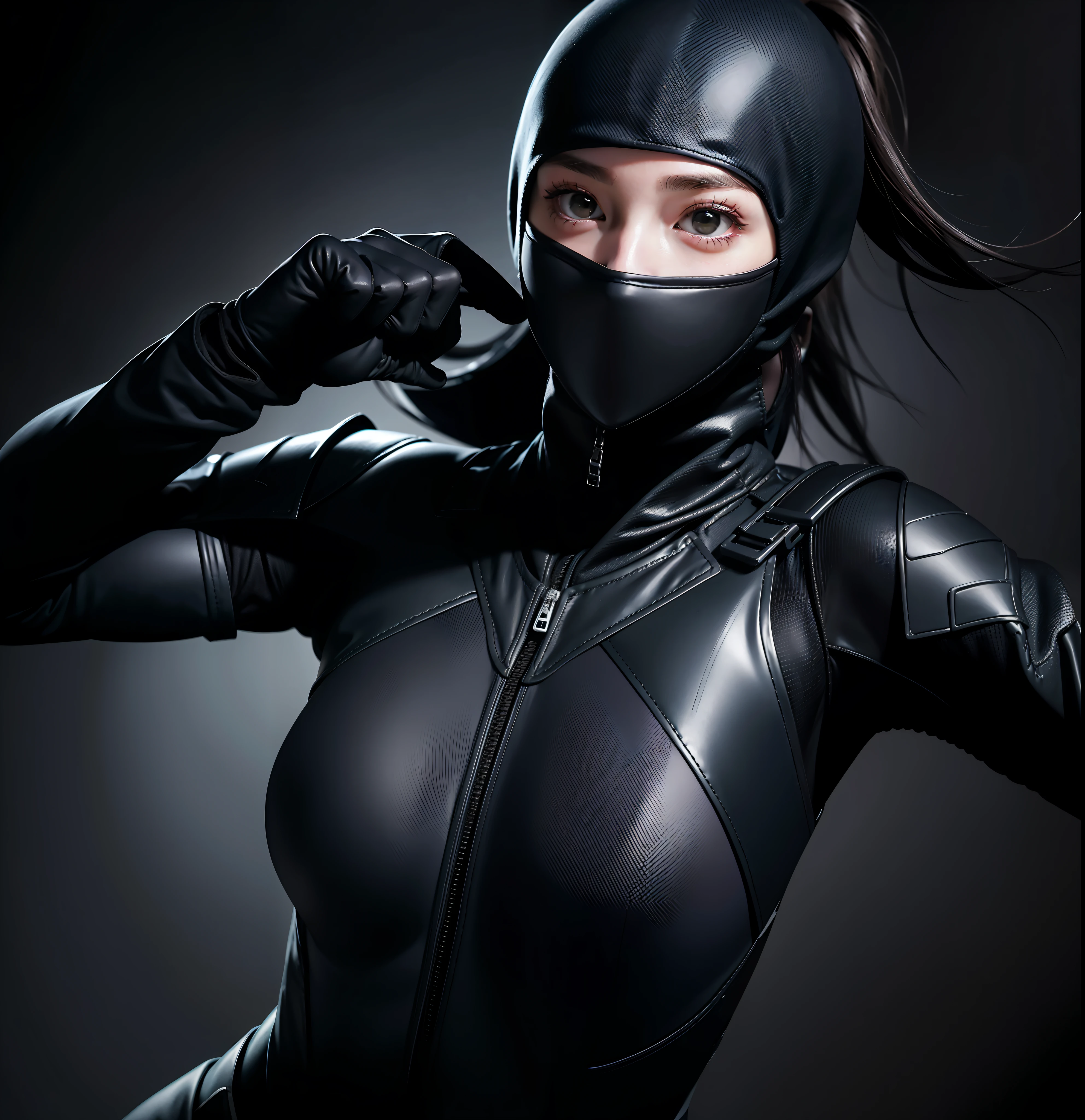 Ninja Girl, Face Cover, Ninja Suits,A sharp look,Best quality, masterpiece, ultra high res, (photorealistic:1.4), raw photo, 1girl, offshoulder, in the dark, deep shadow, low key, cold light