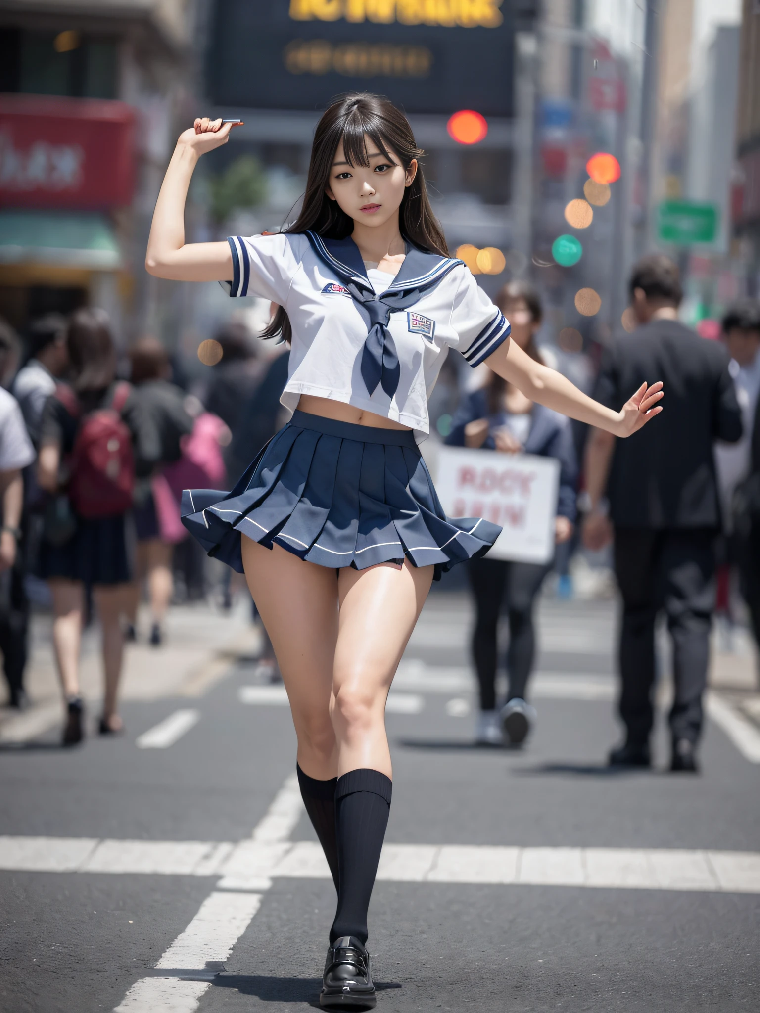 Top Quality, Masterpiece, Ultra High Resolution, (Photorealistic: 1.4), Raw Photo, (Perfect Figure), Dynamic Pose, 1 Girl, Hips Up, Solo, High School, Student, Uniform, Sailor Color, Bobby Socks, Pleated Skirt, Daytime, Street, Deep Shadow, Unobtrusive, Cold Light 12000K \ Street, Store State, Akihabara, \\ Full body,