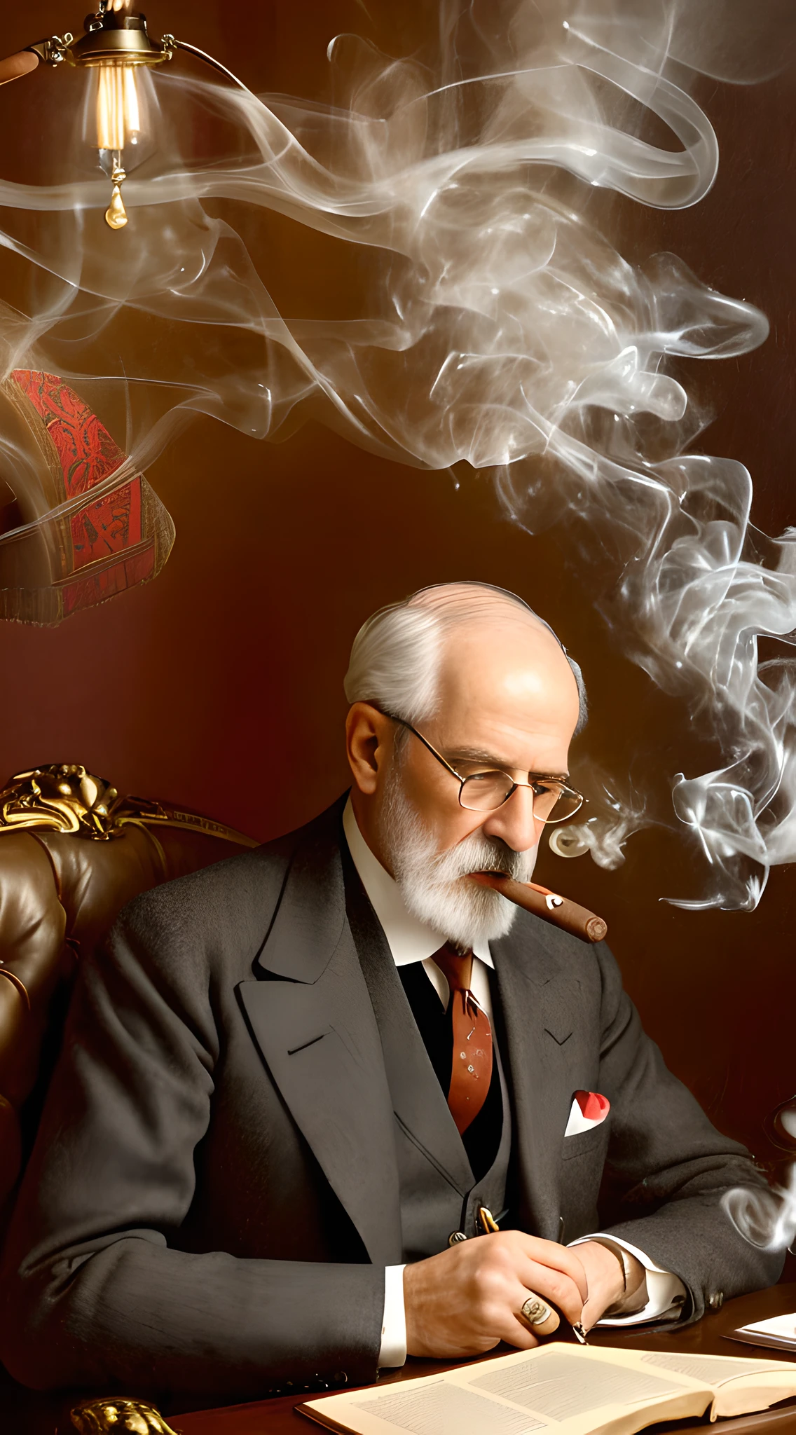 (masterpiece, UHD, digital art, detailed:1.3), Sigmund Freud, deeply engrossed, (smoking a cigar:1.4), (1920s attire:1.2), neatly tied cravat, reading glasses, intricate study setting, wall-to-wall bookshelves, handwritten notes scattered, soft lamplight, warm colors, quiet atmosphere, looking down at his work, mid-action.