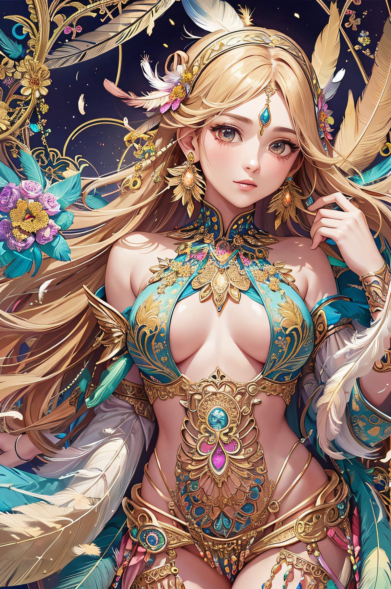 A girl with small breasts, bare shoulders, golden hair, colored feathers, metal ornaments, colored flowers, particles, light rays, (masterpiece, top quality, best quality, official art, beautiful and aesthetic:1.2), (1girl:1.3), extremely detailed,(fractal art:1.1),(colorful:1.1)(flowers:1.3),highest detailed,(zentangle:1.2), (dynamic pose), (abstract background:1.3), (shiny skin), (many colors :1.4), ,(earrings:1.4), (feathers:1.4)