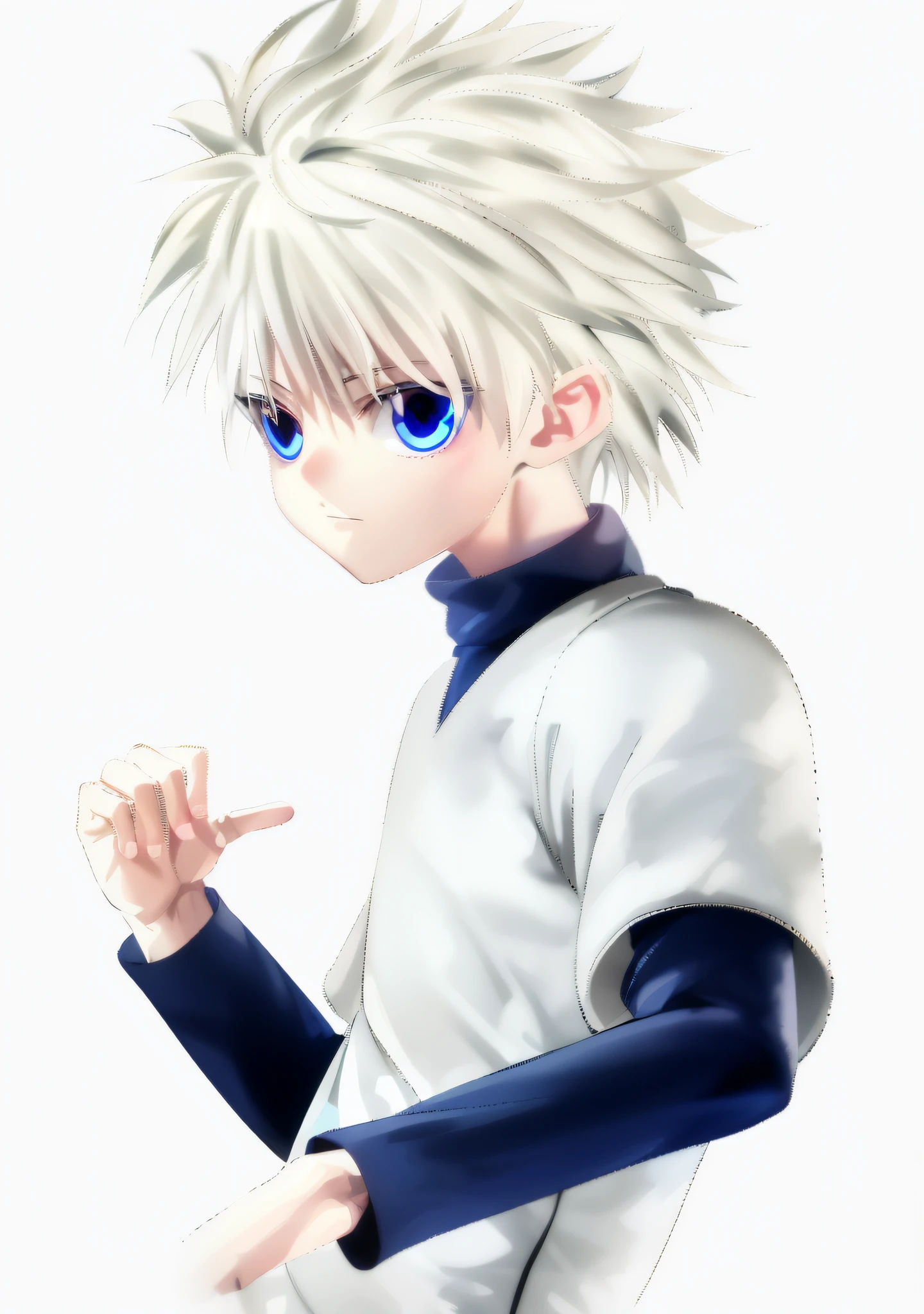 anime boy with white hair and blue eyes pointing at something, killua zoldyck black hair, killua zoldyck, killua zoldyck portrait, kaworu nagisa, nagito komaeda, fubuki, hunter x hunter, killua zoldyck made of jewlery, tall anime guy with blue eyes