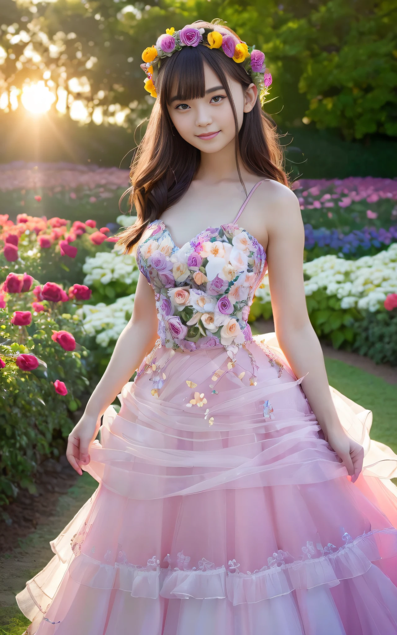(((((Full body photo)))),((Slim body)))),20 years old, twilight rays, rose-patterned wedding dress, flower crown, (((Tokugawaen))), rose front bokeh, bokeh, photorealistic, surrounded by colorful roses, ((smiling)))))), (1 girl), (sunset:1.3), (8k, RAW photo, best quality, masterpiece:1.2), (real, Photorealistic:1.37), Best Quality, Ultra High Definition, (Standing in the Flower Garden:1.3), (Vibrant and Colorful:1.3)