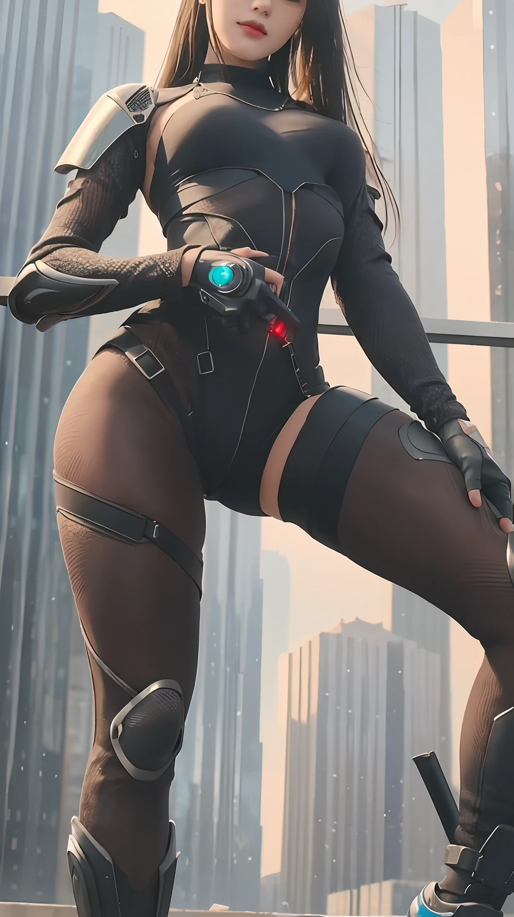 Best quality, super high resolution, beautiful girl as a doomsday killer, (holding very detailed futuristic technology firearms), very detailed hair, 1 girl, super resolution, very detailed face, very detailed light and shadow, ((full body)), with wires around the neck, (vista), realistic sci-fi cyberpunk power armored machine girl, close-up portrait film, 8k, HDR ((complex details, super detailed)), (Backlight: 1.3), (Movie: 1.3), (ArtStation: 1.3)