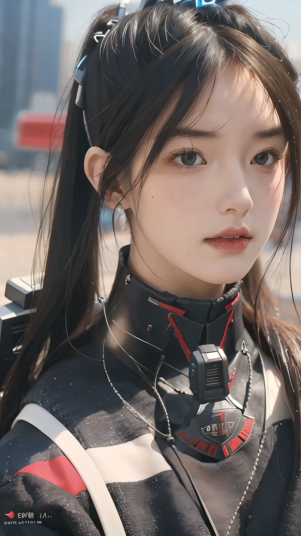 Best quality, super high resolution, beautiful girl as a doomsday killer, (holding very detailed futuristic technology firearms), very detailed hair, 1 girl, super resolution, very detailed face, very detailed light and shadow, ((full body)), with wires around the neck, (vista), realistic sci-fi cyberpunk power armored machine girl, close-up portrait film, 8k, HDR ((complex details, super detailed)), (Backlight: 1.3), (Movie: 1.3), (ArtStation: 1.3)