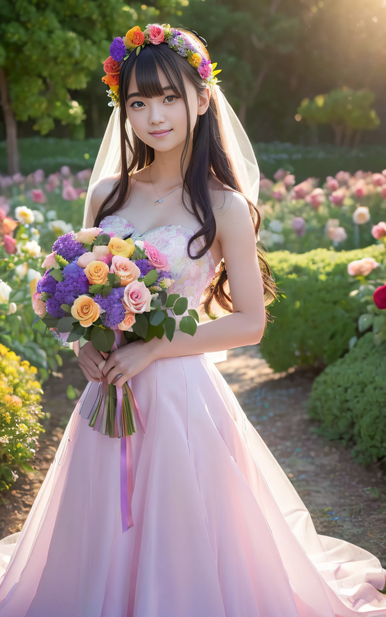 (((((Full body photo)))),((Slim body)))),20 years old, twilight rays, rose-patterned wedding dress, flower crown, (((Tokugawaen))), rose front bokeh, bokeh, photorealistic, surrounded by colorful roses, ((smiling)))))), (1 girl), (sunset:1.3), (8k, RAW photo, best quality, masterpiece:1.2), (real, Photorealistic:1.37), Best Quality, Ultra High Definition, (Standing in the Flower Garden:1.3), (Vibrant and Colorful:1.3)