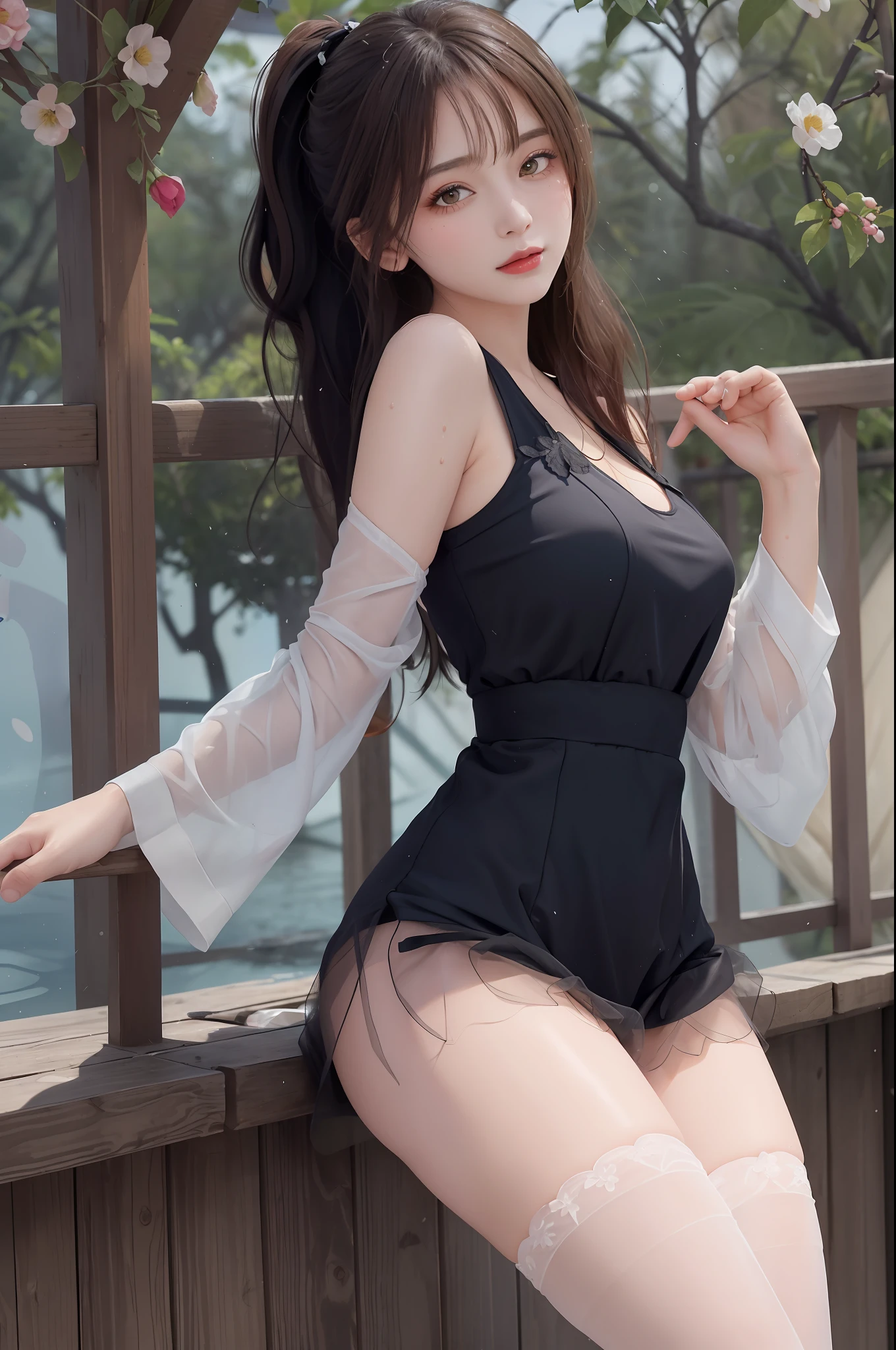 Masterpieces: 1 girl.2 girls, best quality), realism, (real pictures, rich detail details, depth of field), (1 girl called girl, solo), makeup, high detail, perfect face shape, (: 1 girl.4 pcs.), (skin dents), thick thighs, wide hips, thin waist, high, coral, red lips, red eyes, ponytail (girls, shallow tulle, tulle transparent), (sweat: 1 girl.2 girls), (wet), sexy, blush, (shy expression), yellow petal clothes, shirt, stockings,