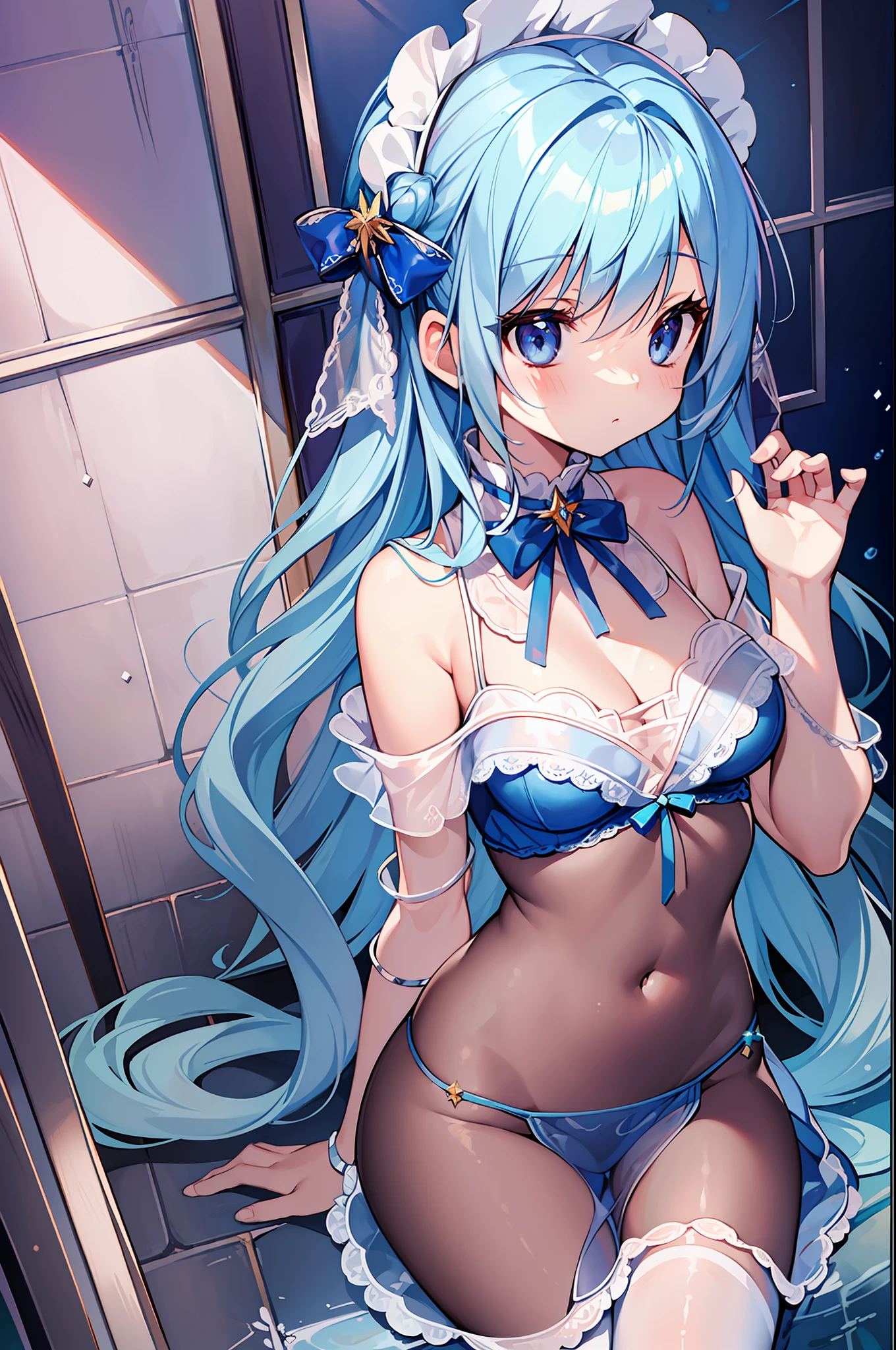 (MASTERPIECE), (Best Quality), (Super Detail), Official Art, One Girl, Lori with Pale Light Blue Hair, Petite Little Girl, Loli, Blue and Silver See-Through Dress, Sleeveless, Off Shoulder, Small, Very Small Breasts, Small, Cleavage, Thigh Focus, Navel, Bare Skin Lower Breasts, Card Illustration, Water