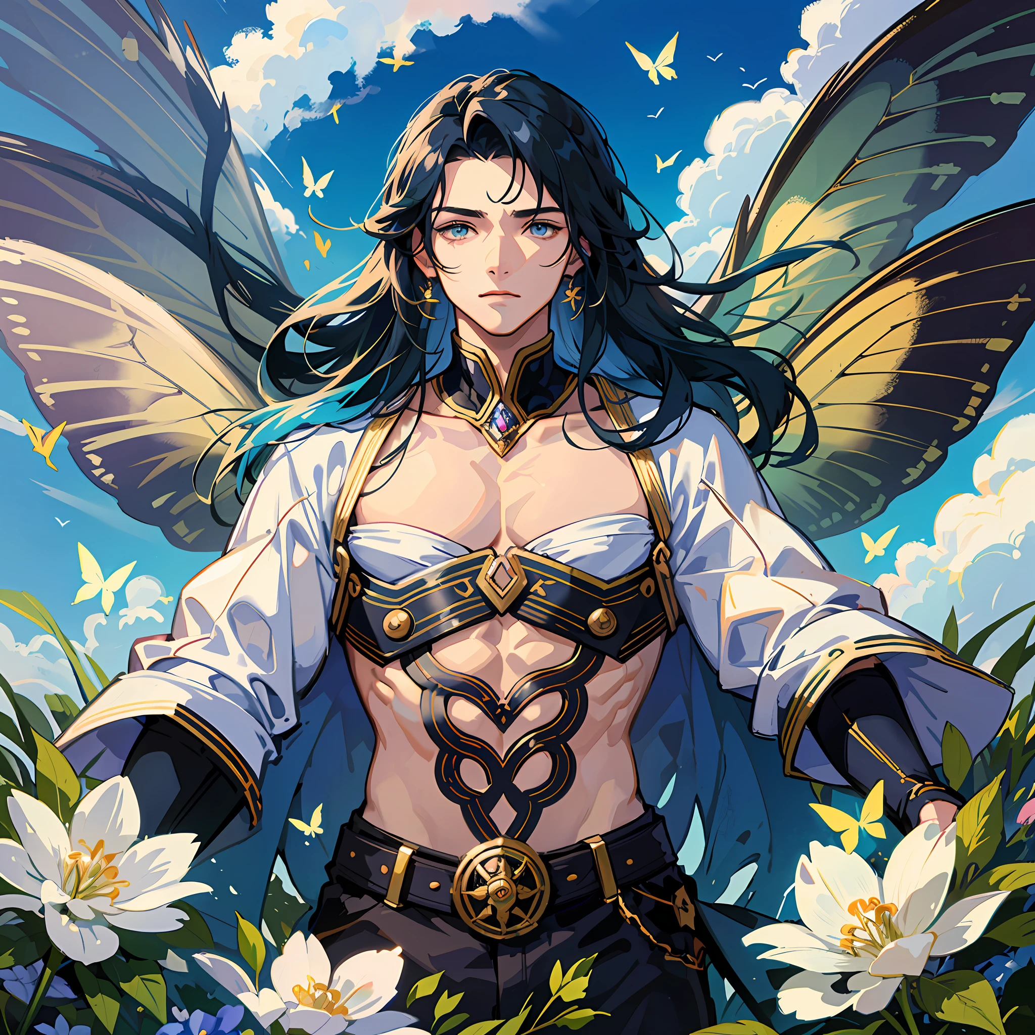 Solo, long-haired, masculine, muscular boys, beautiful eyes, elaborate eyes, delicate eyes, large trapezius, large pectoral muscles, large deltoid muscles, lumpy, trimmed hair. Draw a picture to express the image of the lyrics: "The butterflies that prayed in the sky for freedom flocked and hated loneliness." Describe butterflies flying beautifully in the sky, or how their flocks symbolize freedom. He is among the butterflies. His presence will help to express the meaning of freedom and shared hope. You can express hope and brilliance by depicting the blue sky and clouds on the background of the sky, and the shining sun in the distance.
