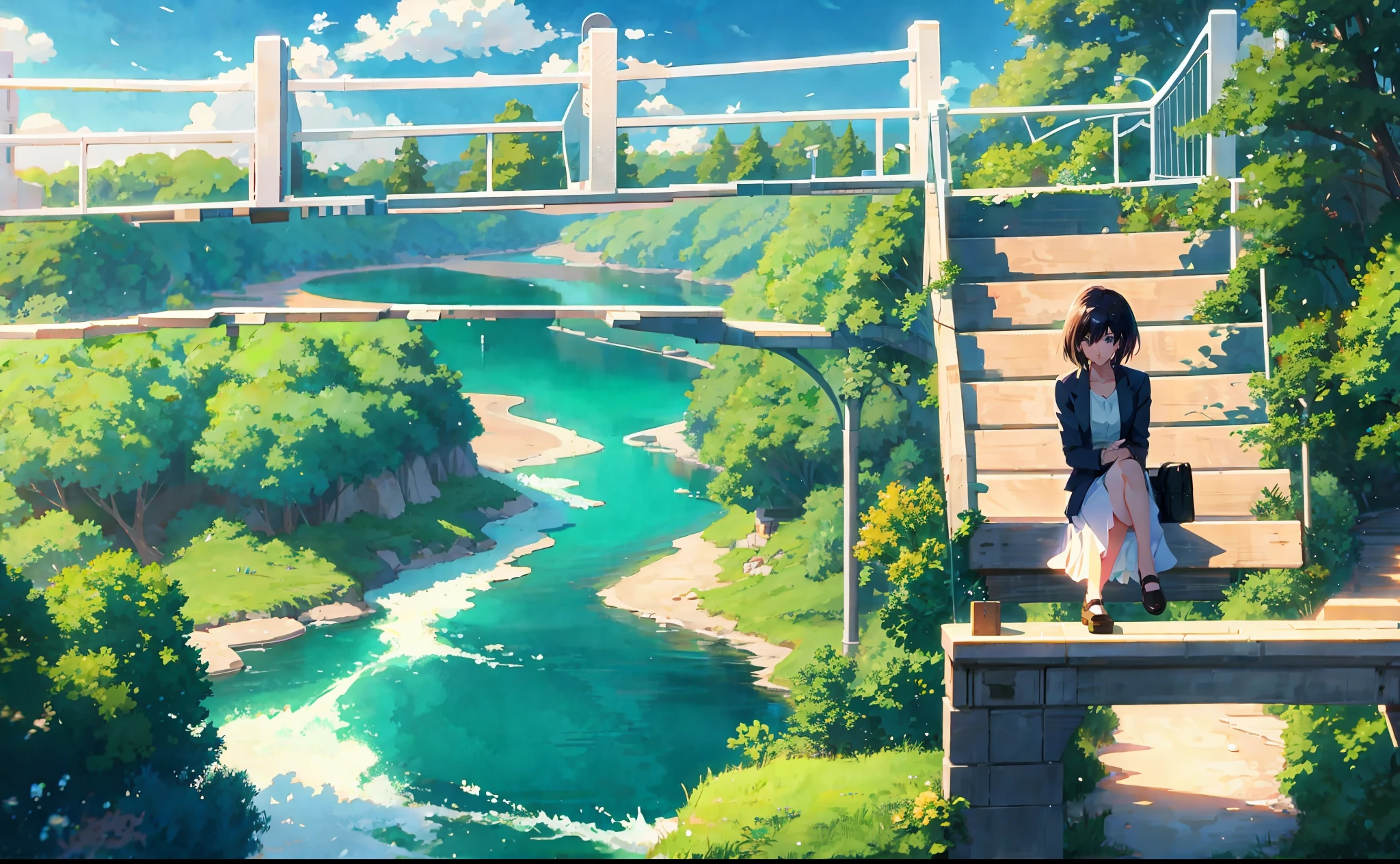 anime, a girl sitting on a bridge looking at a river, anime countryside landscape, beautiful anime scene, anime movie background, anime nature wallpap, anime background key visual, beautiful anime scenery, inspired by Makoto Shinkai, anime scenery, anime background art, anime beautiful peace scene, anime background, anime landscape wallpaper, makoto shinkai style