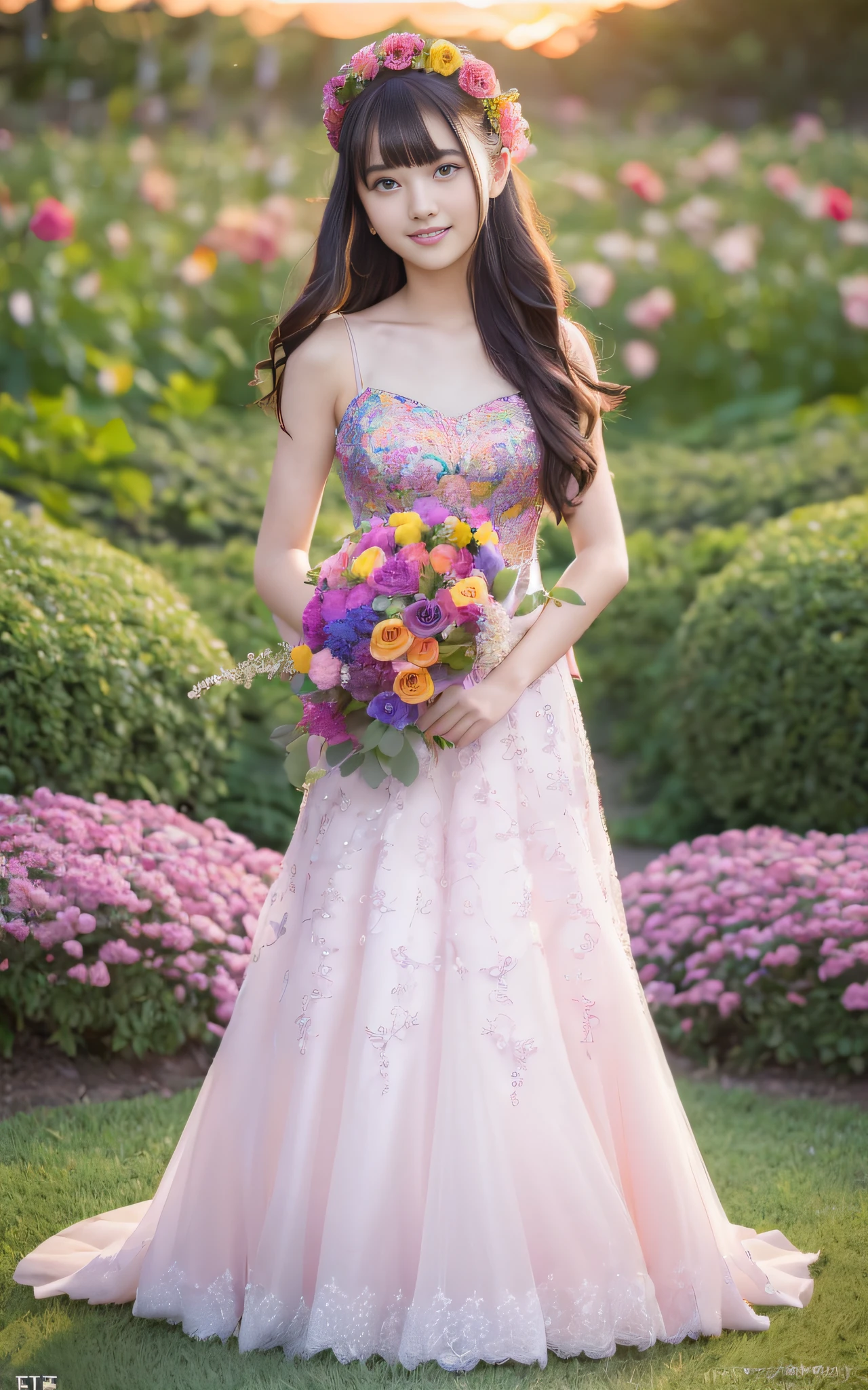 (((((Full body photo)))),((Slim body)))),20 years old, twilight rays, rose-patterned wedding dress, flower crown, (((Tokugawaen))), rose front bokeh, bokeh, photorealistic, surrounded by colorful roses, ((smiling)))))), (1 girl), (sunset:1.3), (8k, RAW photo, best quality, masterpiece:1.2), (real, Photorealistic:1.37), Best Quality, Ultra High Definition, (Standing in the Flower Garden:1.3), (Vibrant and Colorful:1.3)