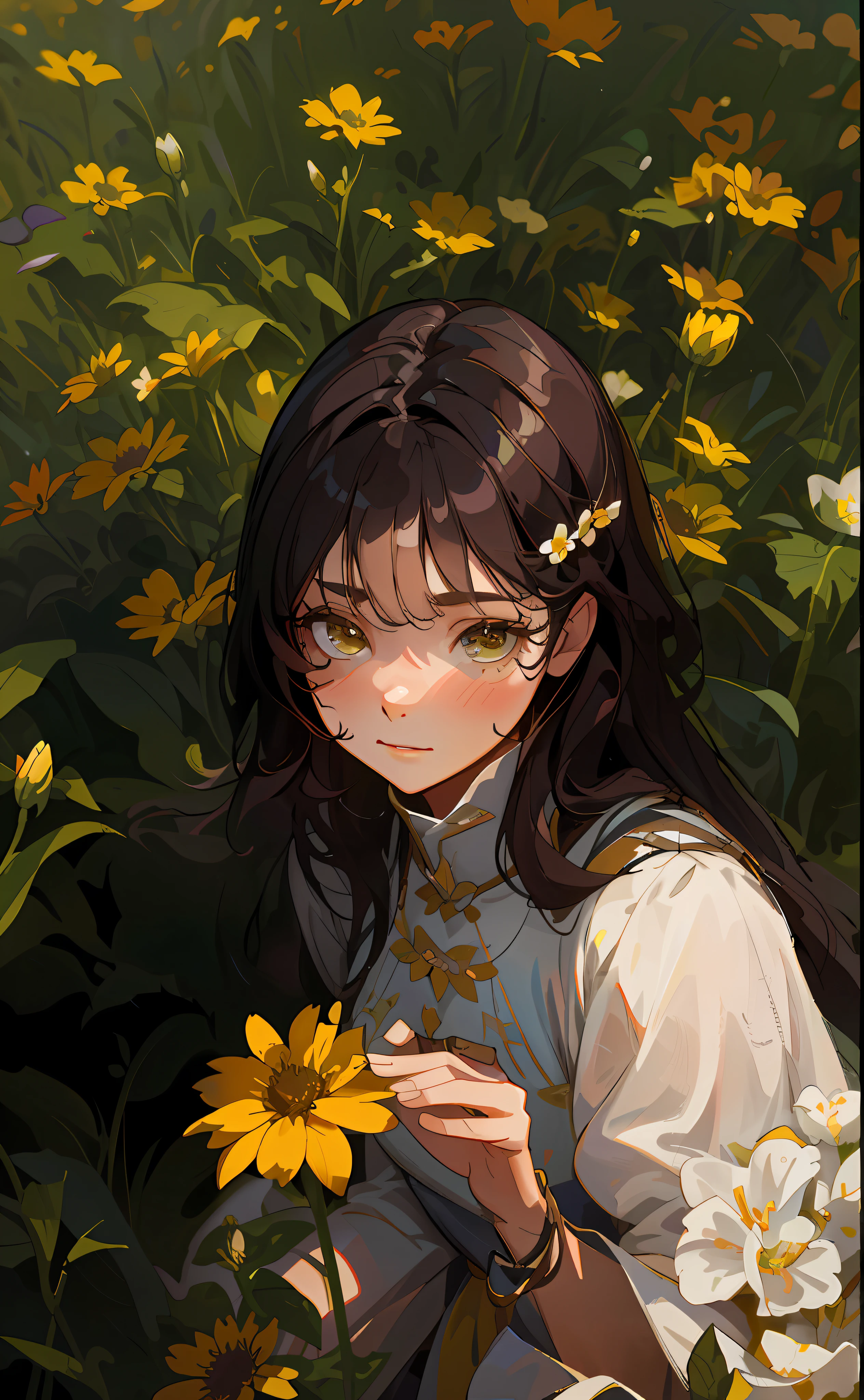 Arad woman smells a flower in flower field, Lofe girl aesthetic, yellow flowers around, INFP young woman, flower head girl, aesthetic field of flowers, flower in hair, floating flower in hair, flower in hair, flower in her hair, girl in flower field, wavy hair yellow theme, girl in flower field, beautiful meticulous girl, extremely detailed face, ridiculous, incredibly ridiculous, huge file size, super detailed, high resolution, very detailed, best quality, masterpiece, illustration, extremely delicate and beautiful, very detailed, CG, unity, 8k wallpaper, amazing, fine details, masterpiece, best quality, official art, extremely detailed CG Unity 8k wallpaper, high resolution, fine details, amazing, 1 girl, focus on face, messy hair, two-dimensional painting style --auto --s2