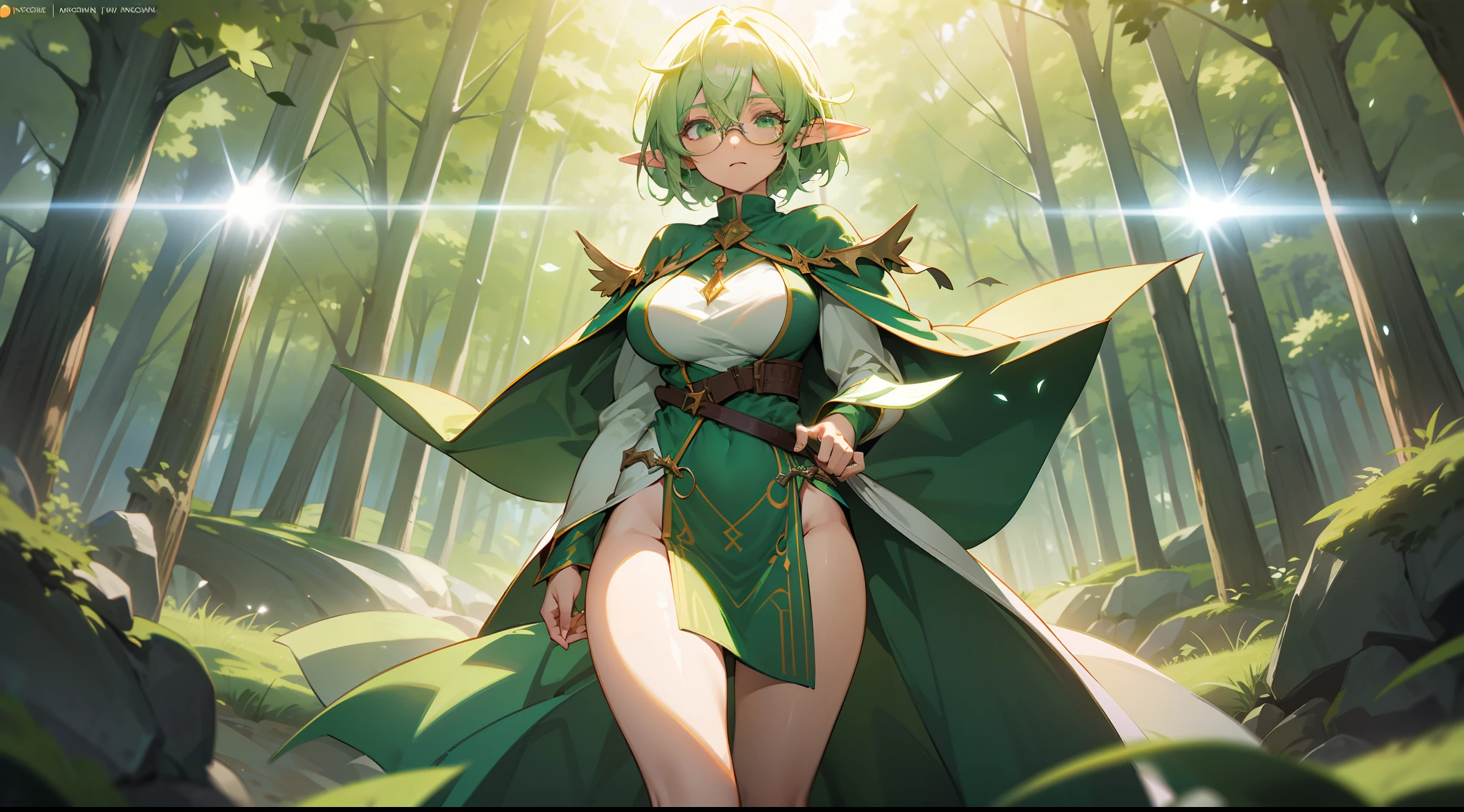 an elf mage, light green short hair, glasses, large breasts, exposed thighs, hair between eyes, heroic posture, green eyes, full body, white and green sorcerer's cloak, confident, fantasy, forest, medieval, wind magic, sun rays, lens reflection, brilliance