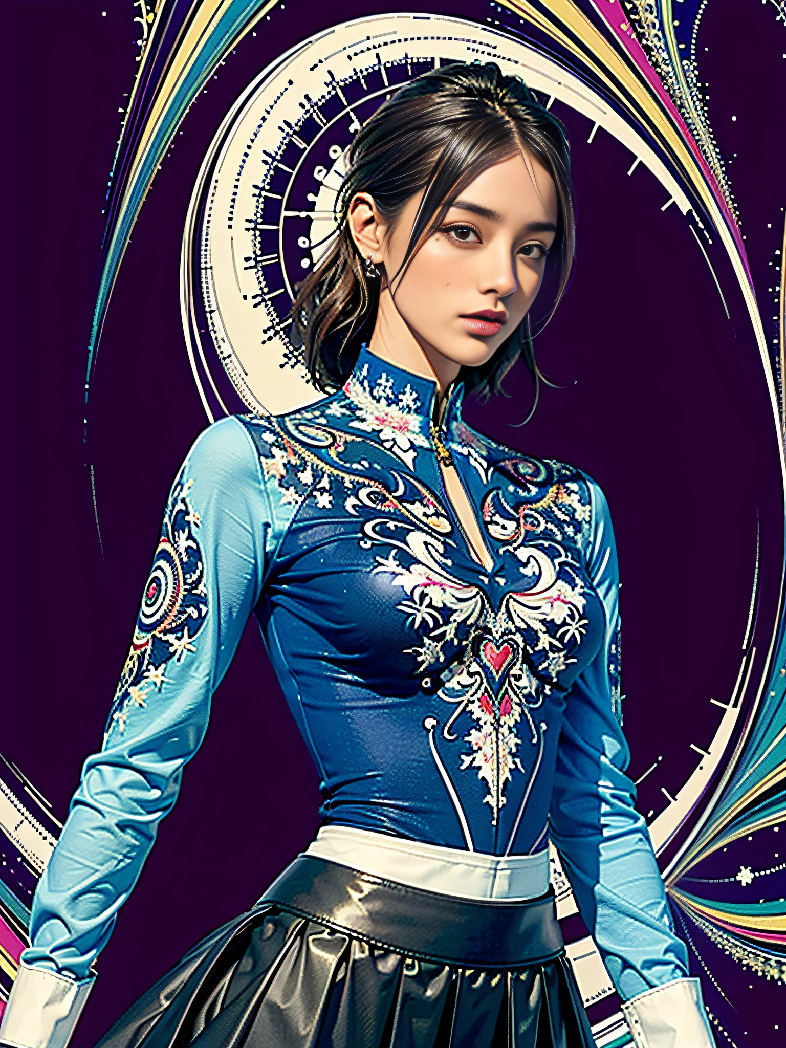 prompt:(masterpiece, top quality, best quality, official art, beautiful and aesthetic:1.2), extreme detailed,(fractal art:1.3),colorful,highest detailed,cbpkv5,bodysuit,(realistic:1.3), ..(1girl), solo, ((skirt)), ((upper body)), looking at viewer, ((shirt)),