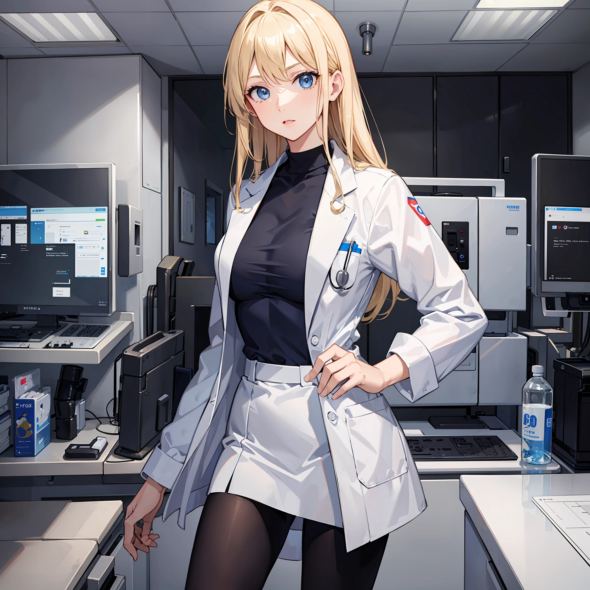 woman, blonde, blue eyes, dynamic pose, in hospital, athletic body, doctor's outfit, long white lab coat